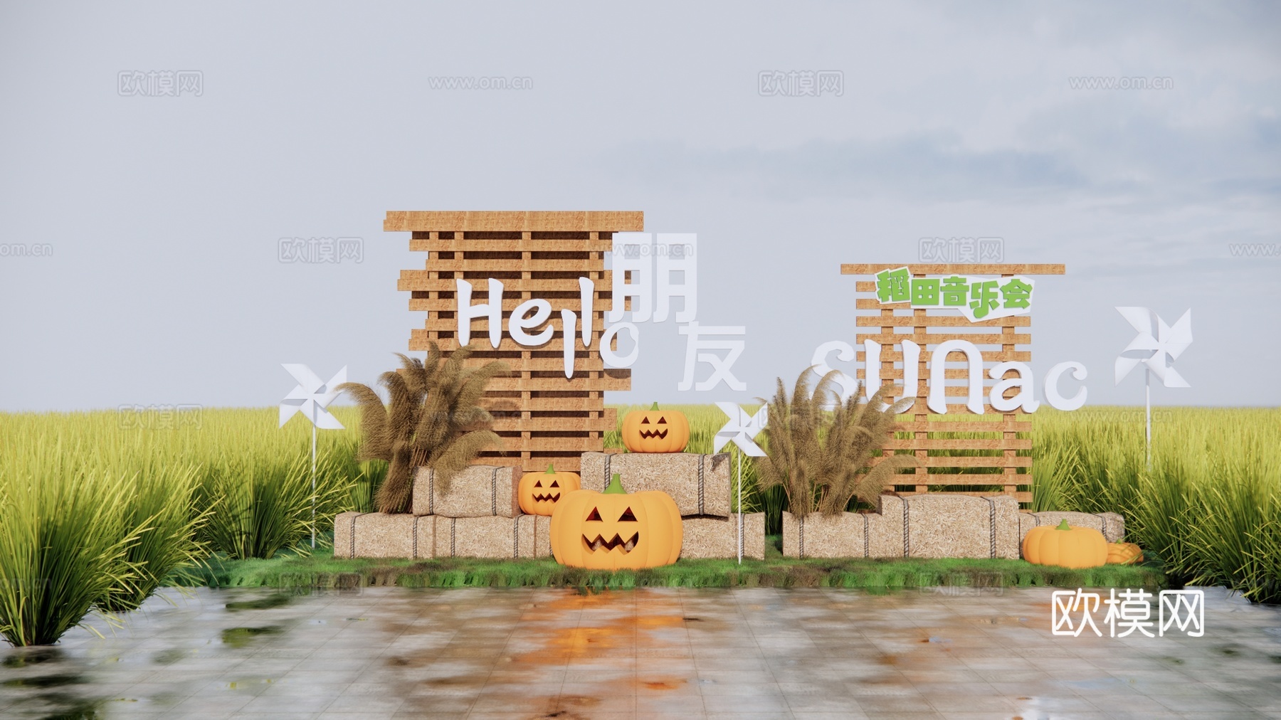 现代乡村稻田景观小品su模型下载