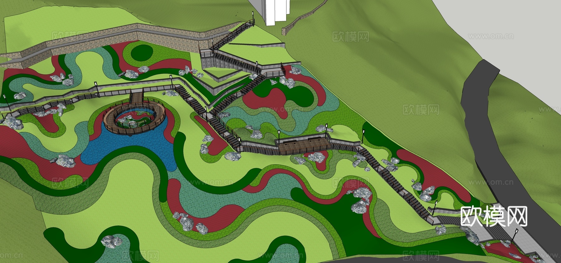 现代山地公园su模型下载