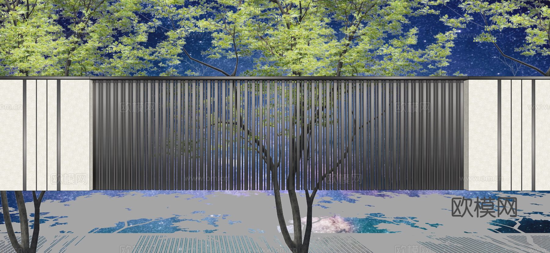 新中式景墙围墙 金属格栅围墙 展示区景墙su模型下载