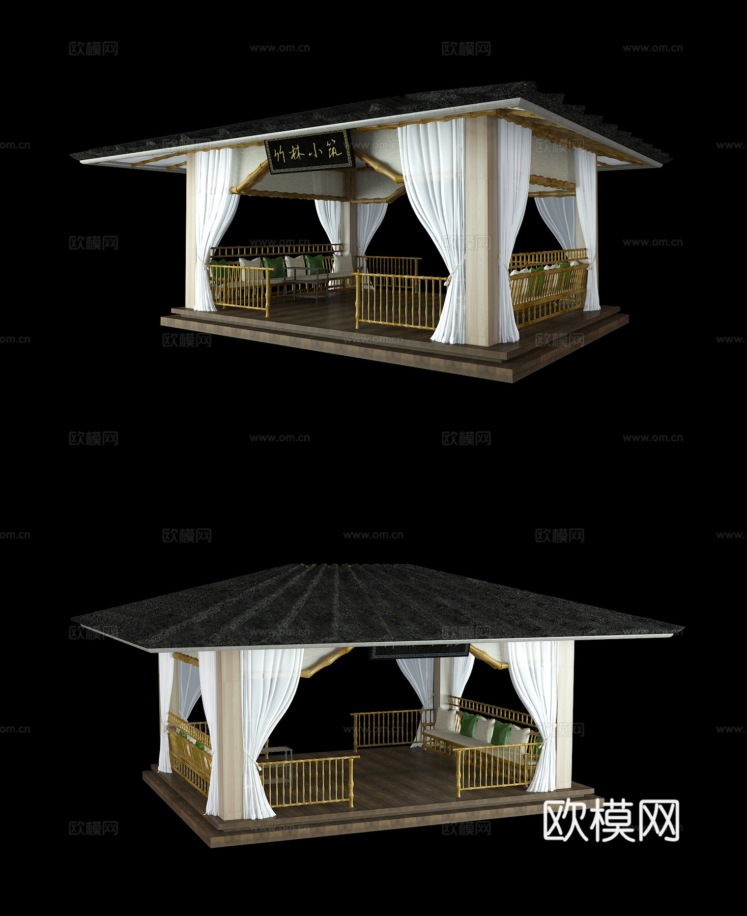中式建筑 景观建筑 亭子 竹亭 茶社 四角亭 牌匾 竹林3d模型