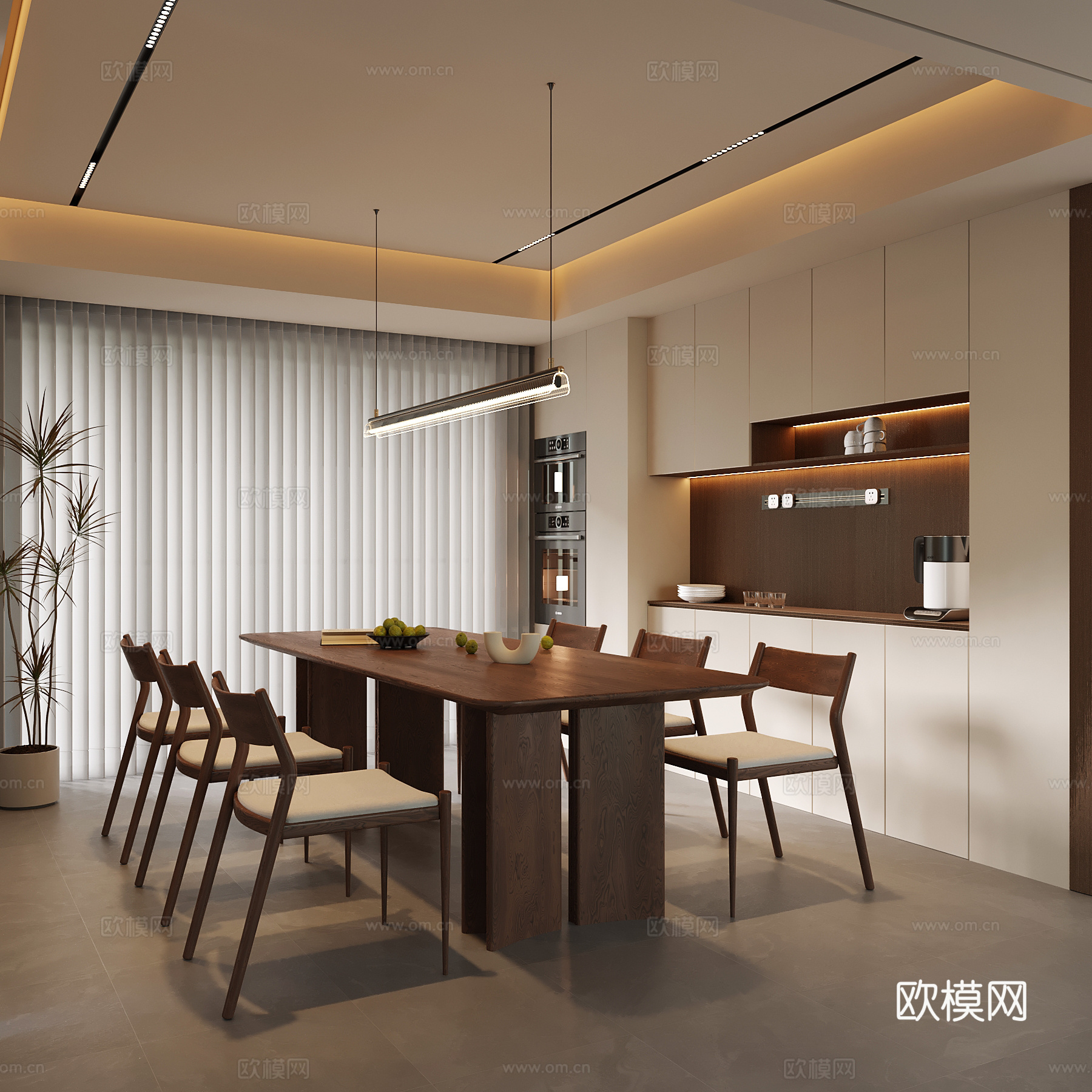 现代中古风餐厅 酒柜 餐桌椅su模型