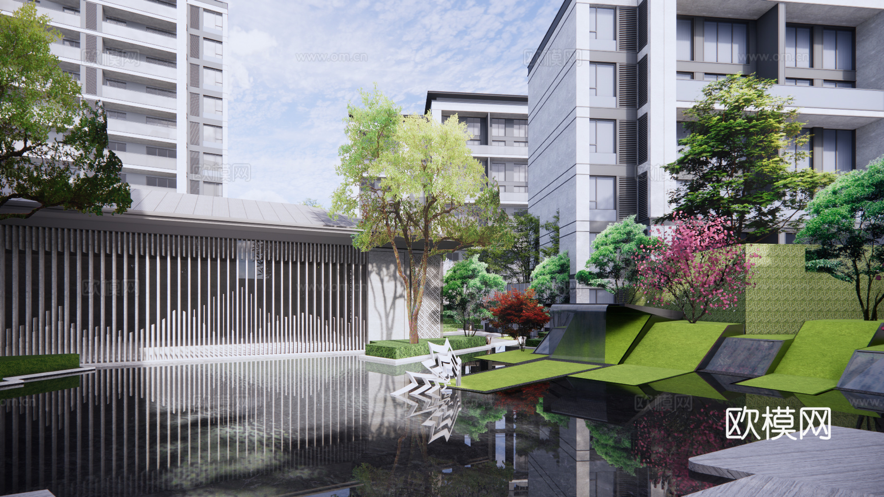 新中式小区住宅景观su模型下载