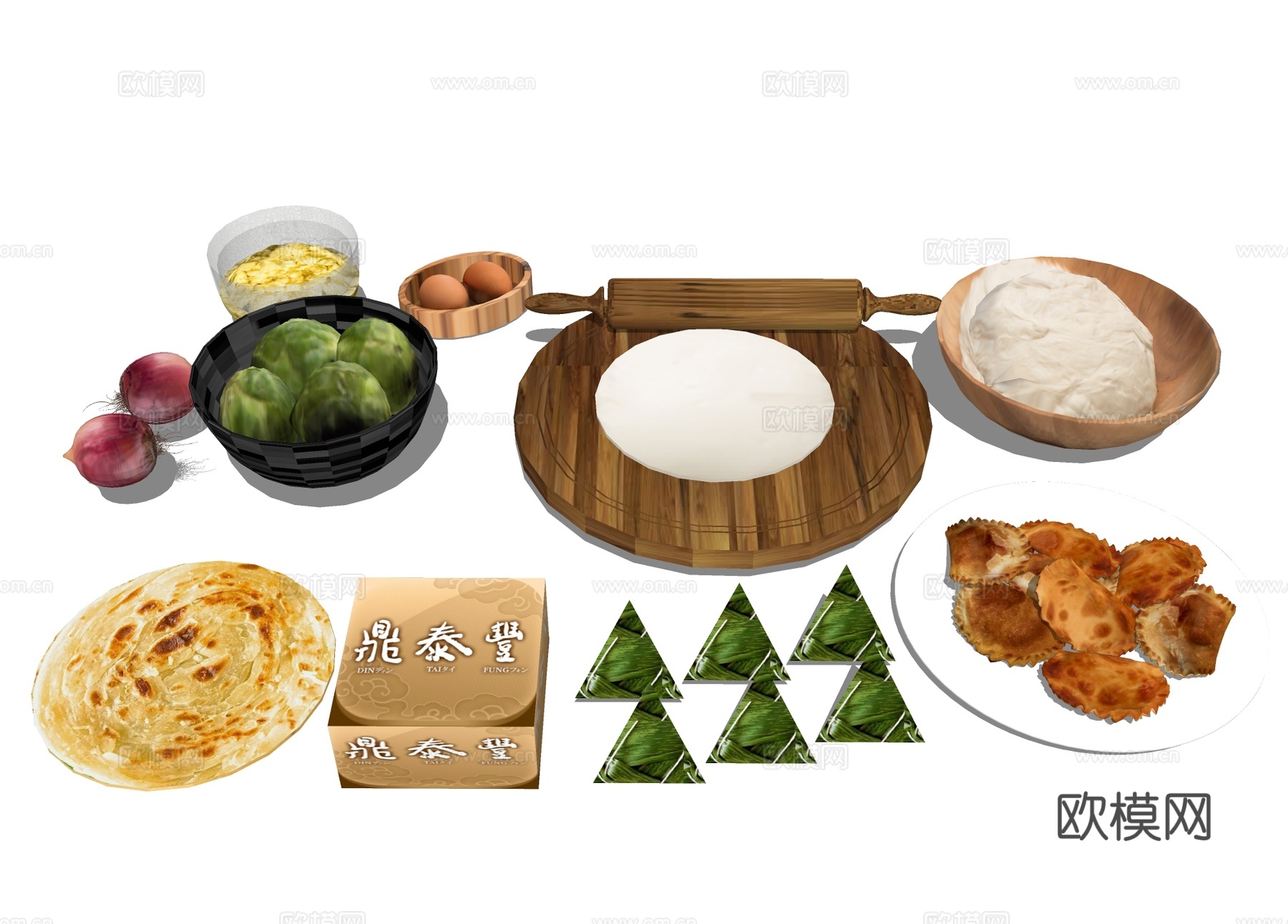 手抓饼 粽子 煎饺 面 食物su模型下载