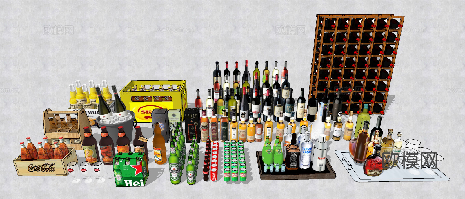 现代酒瓶酒杯组合 酒水饮料su模型下载