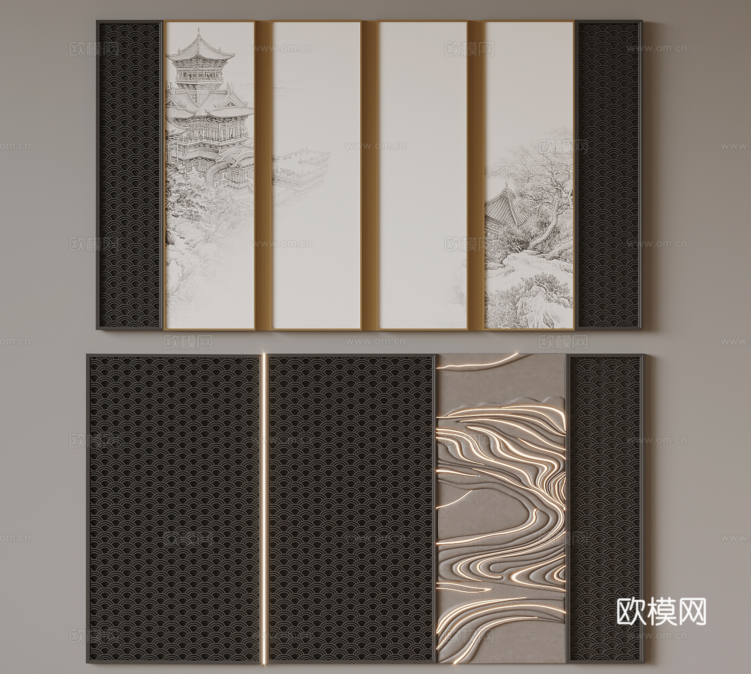 新中式背景墙 形象墙su模型