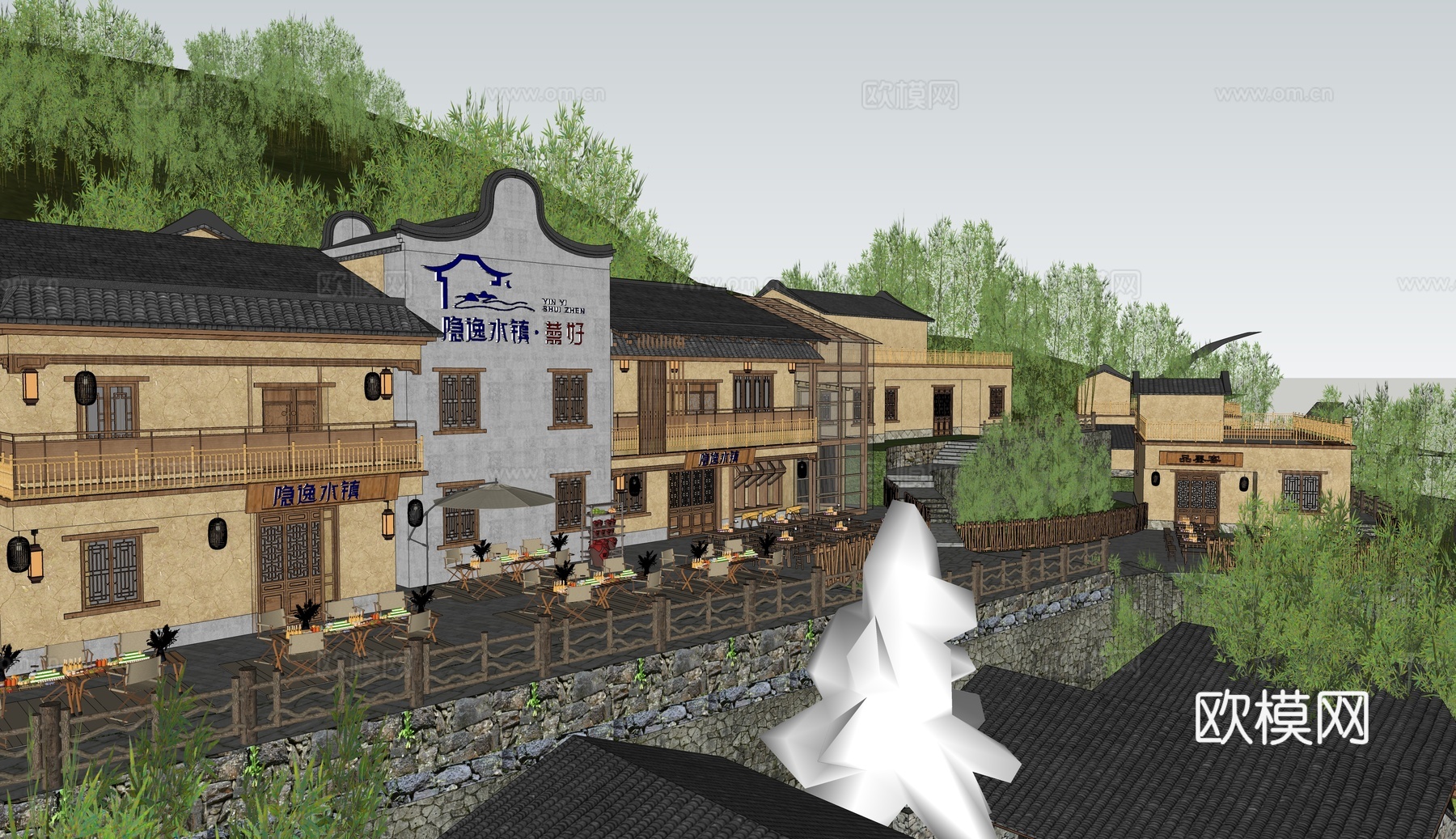 新中式乡村民宿建筑 乡村庭院 民宿商业街 旅游小镇su模型下载