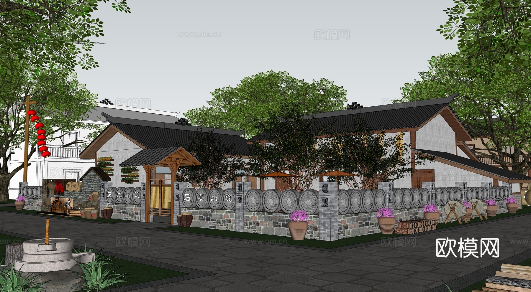 新中式乡村民宿建筑外观su模型下载