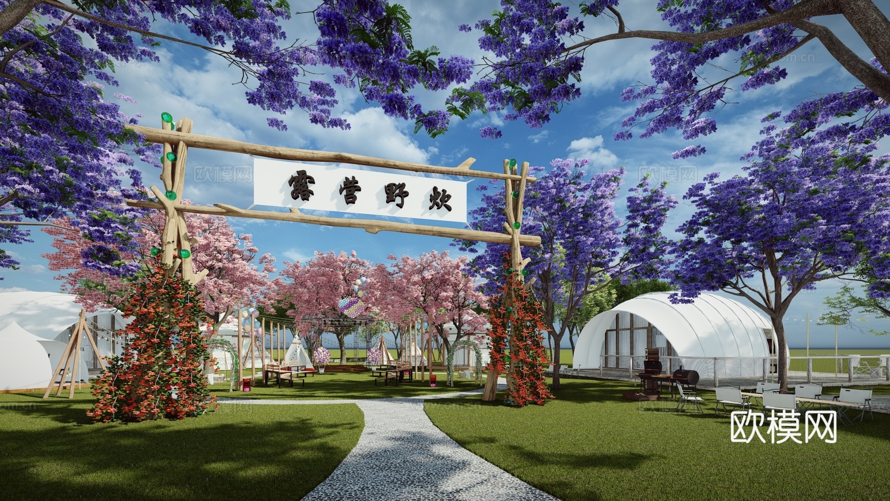 现代星空帐篷 玻璃球 露营公园su模型下载