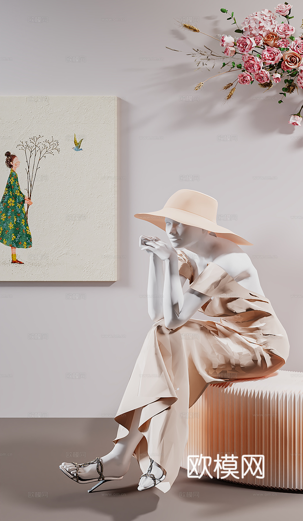 现代服饰 鞋帽包包组合  模特挂画3d模型