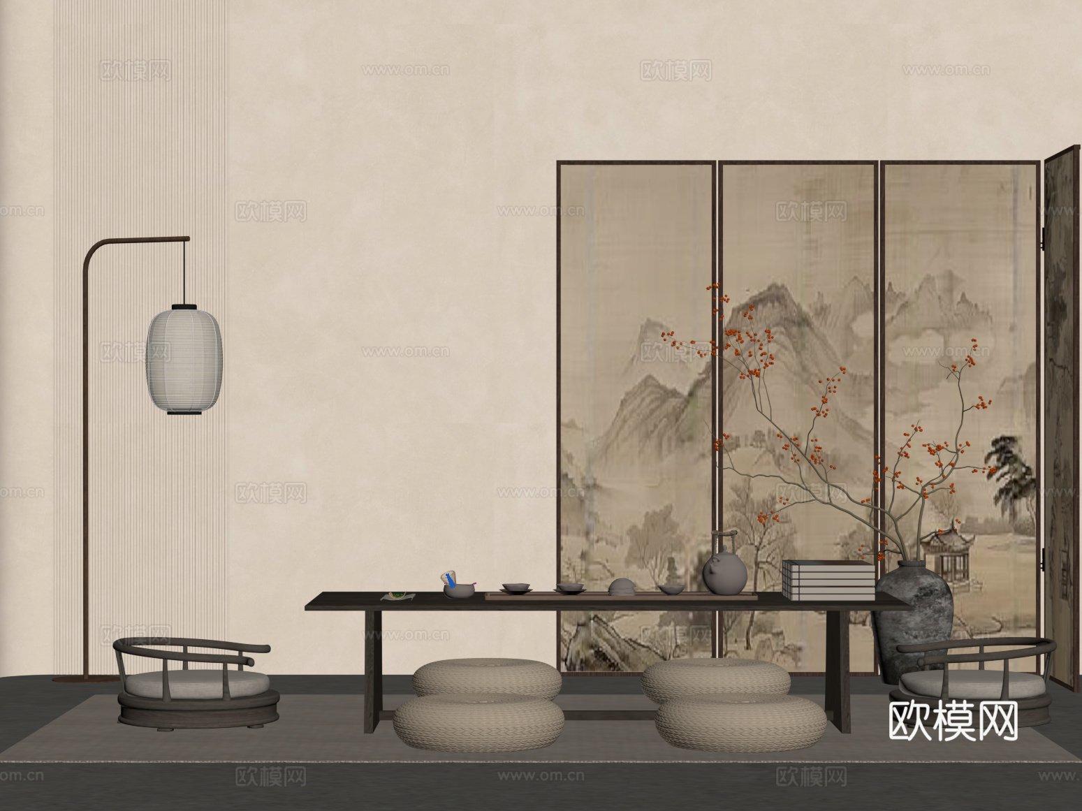 27新中式茶桌椅 屏风 落地灯su模型