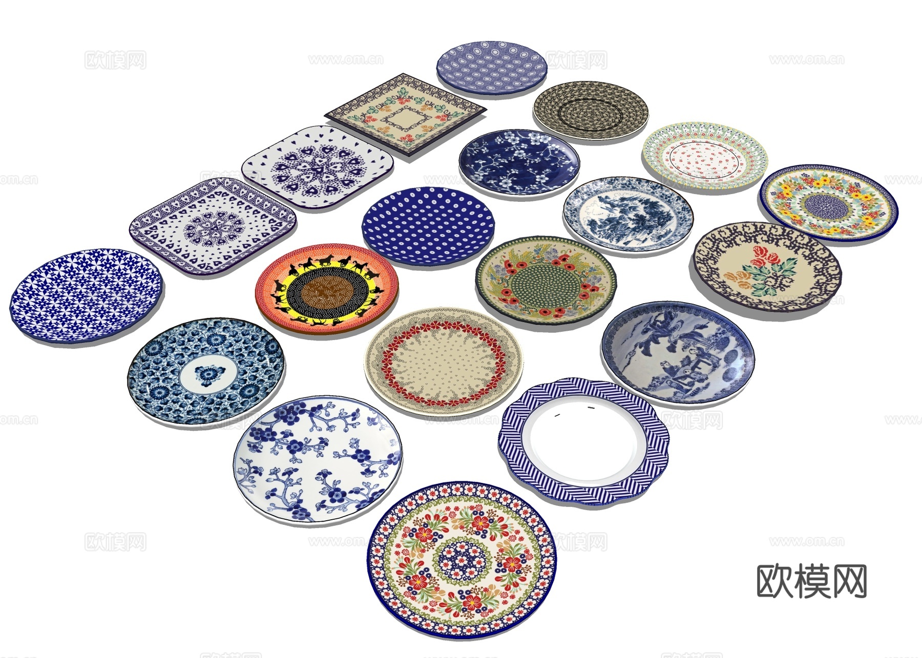 中式花纹碟子 青花瓷盘 餐具su模型下载