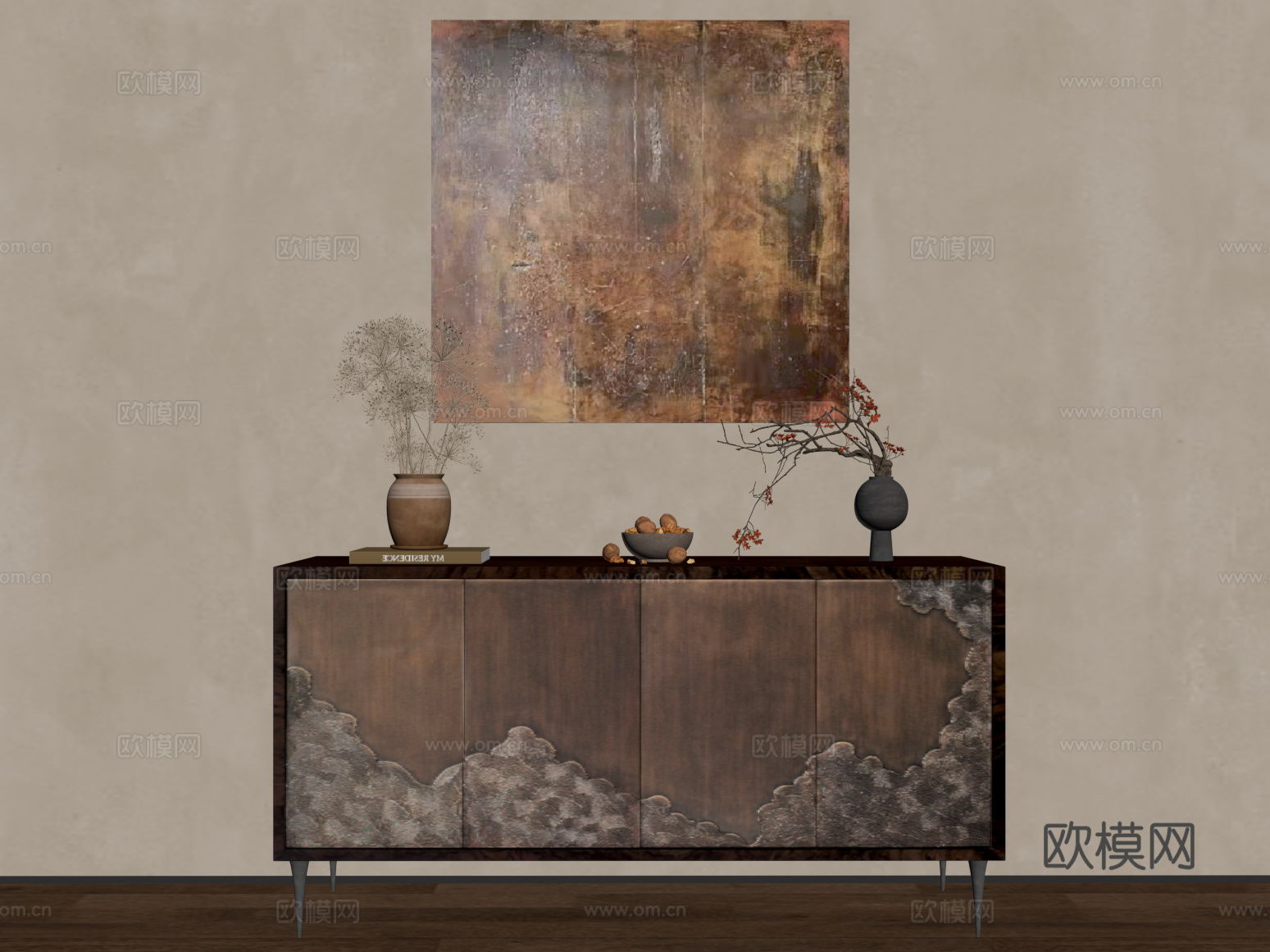 19玄关柜 中古风玄关柜 端景柜 挂画摆件su模型