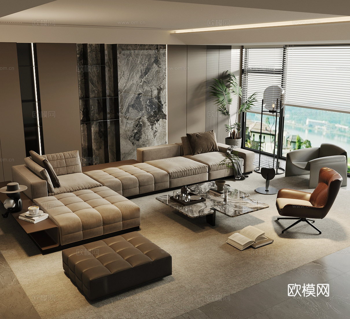 现代意式家居客厅 轻奢意式客厅 沙发茶几组合 高级灰客厅3d模型