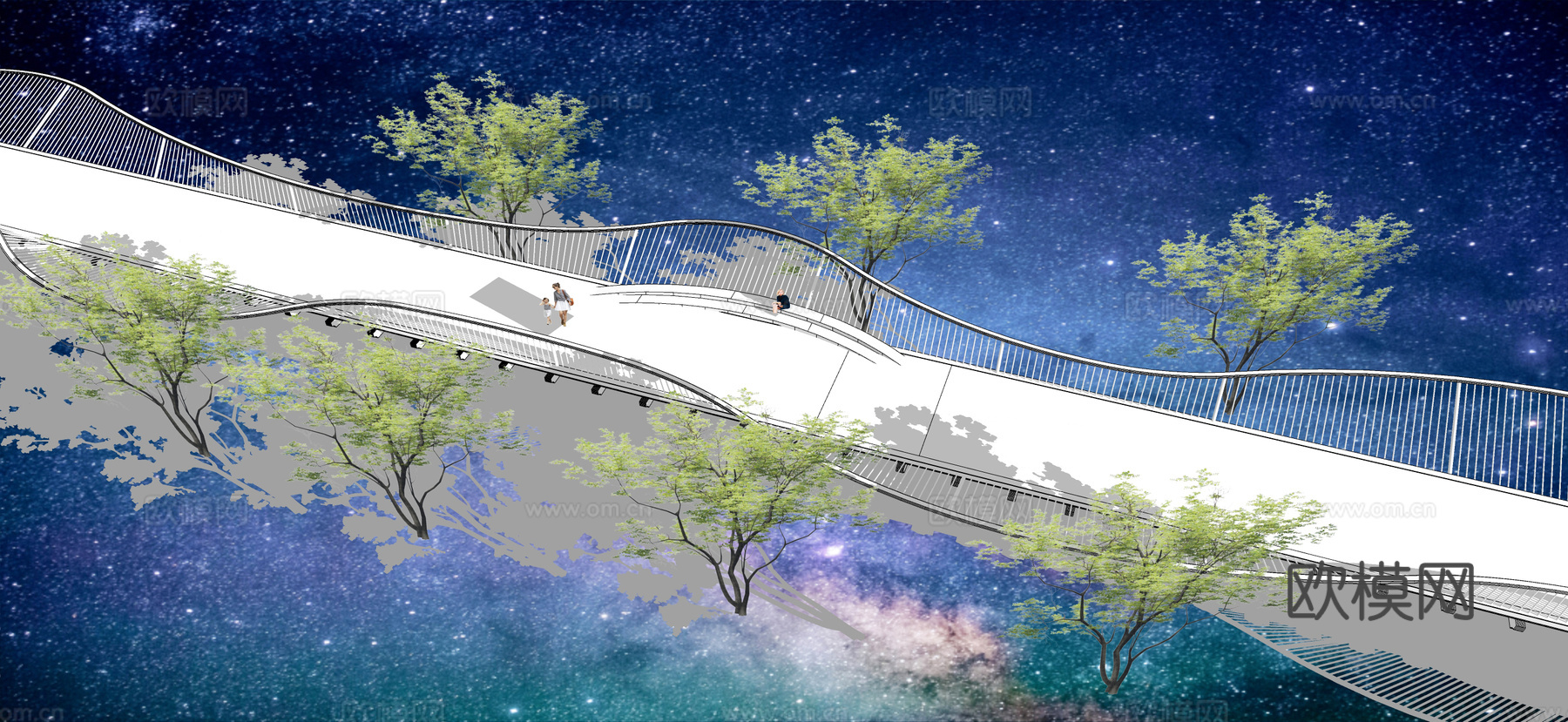 现代异形钢结构景观桥 曲线流线空中栈道 异形栏杆护栏su模型下载