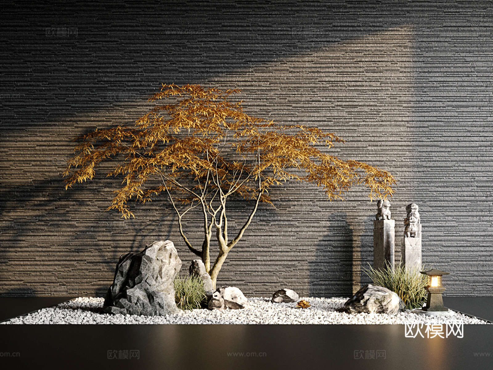 新中式造景 石子 石头 狮子 景观灯 树 枫叶3d模型