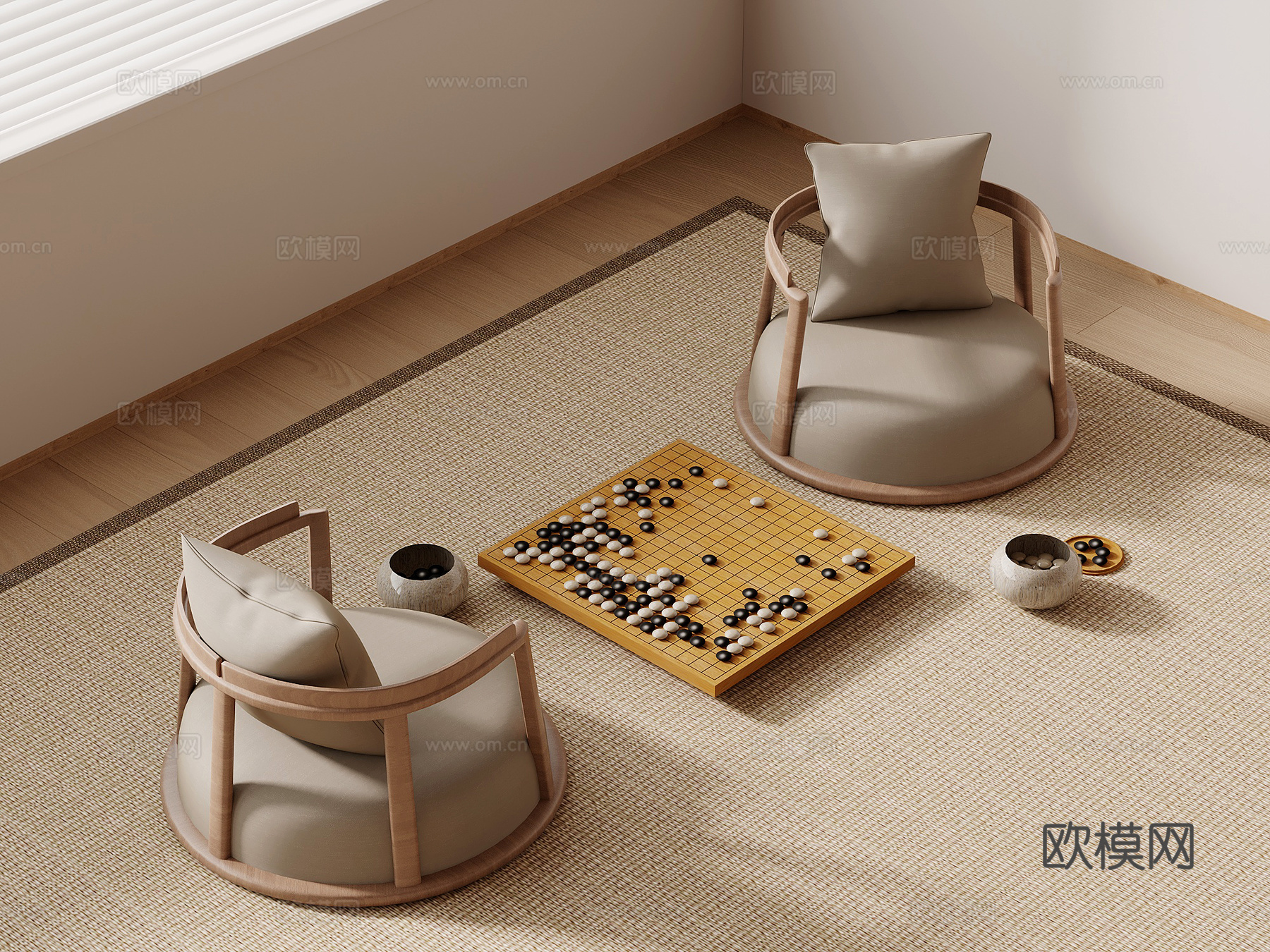 围棋桌 新中式围棋桌 椅子su模型