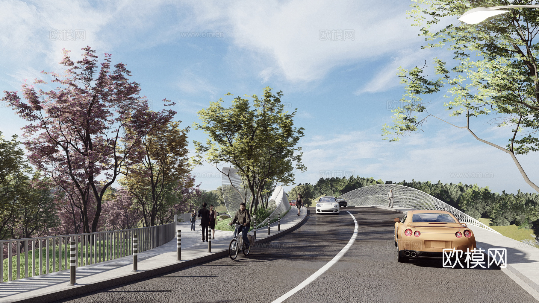 现代道路景观su模型下载