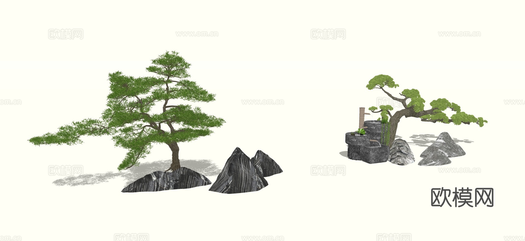 新中式石头 雪浪石 黑山石 枯山石 景观石 置石 罗汉松su模型下载