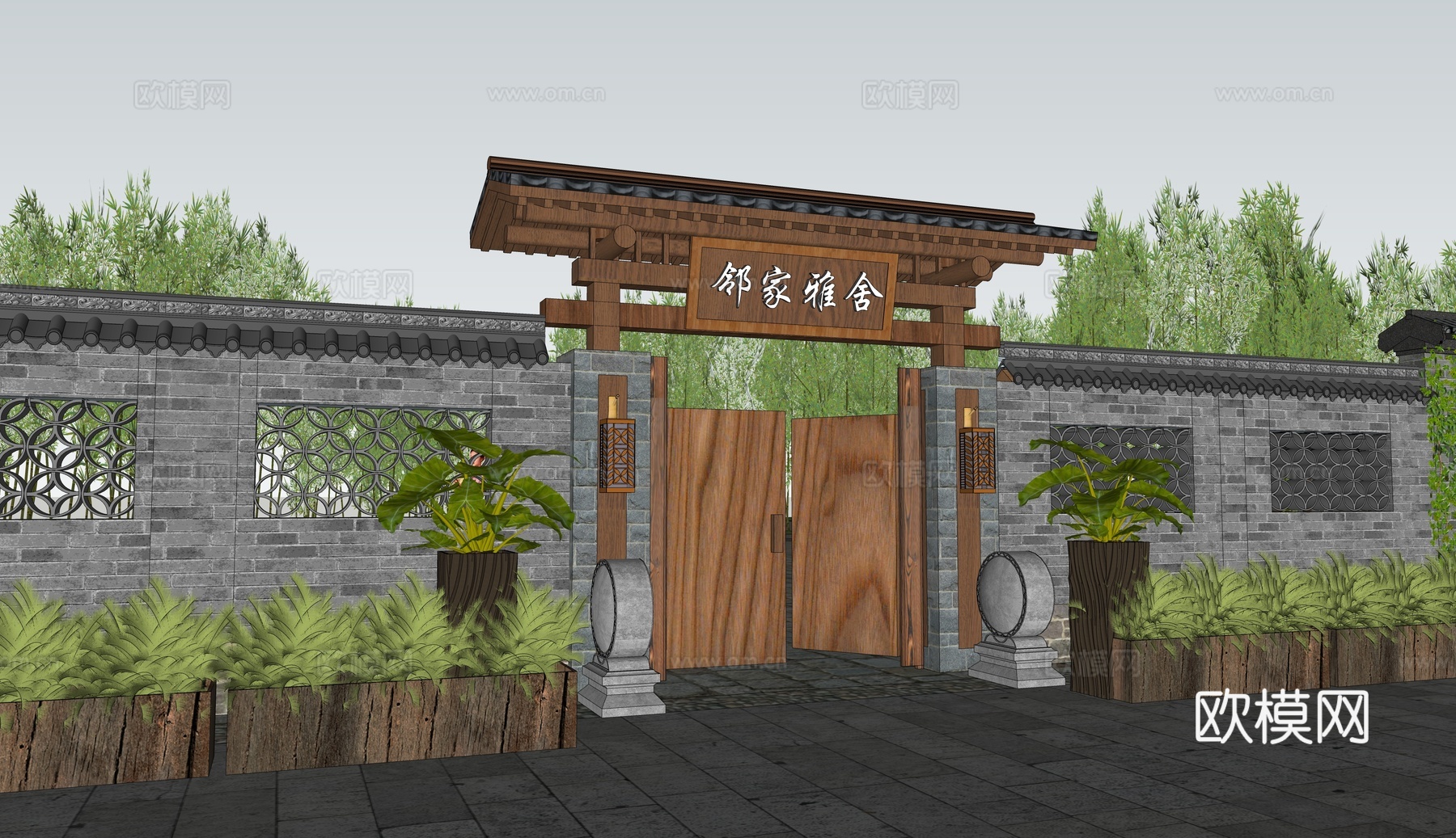 新中式民宿庭院门 农家乐大门 居家小院 院落门头 农庄大门su模型下载