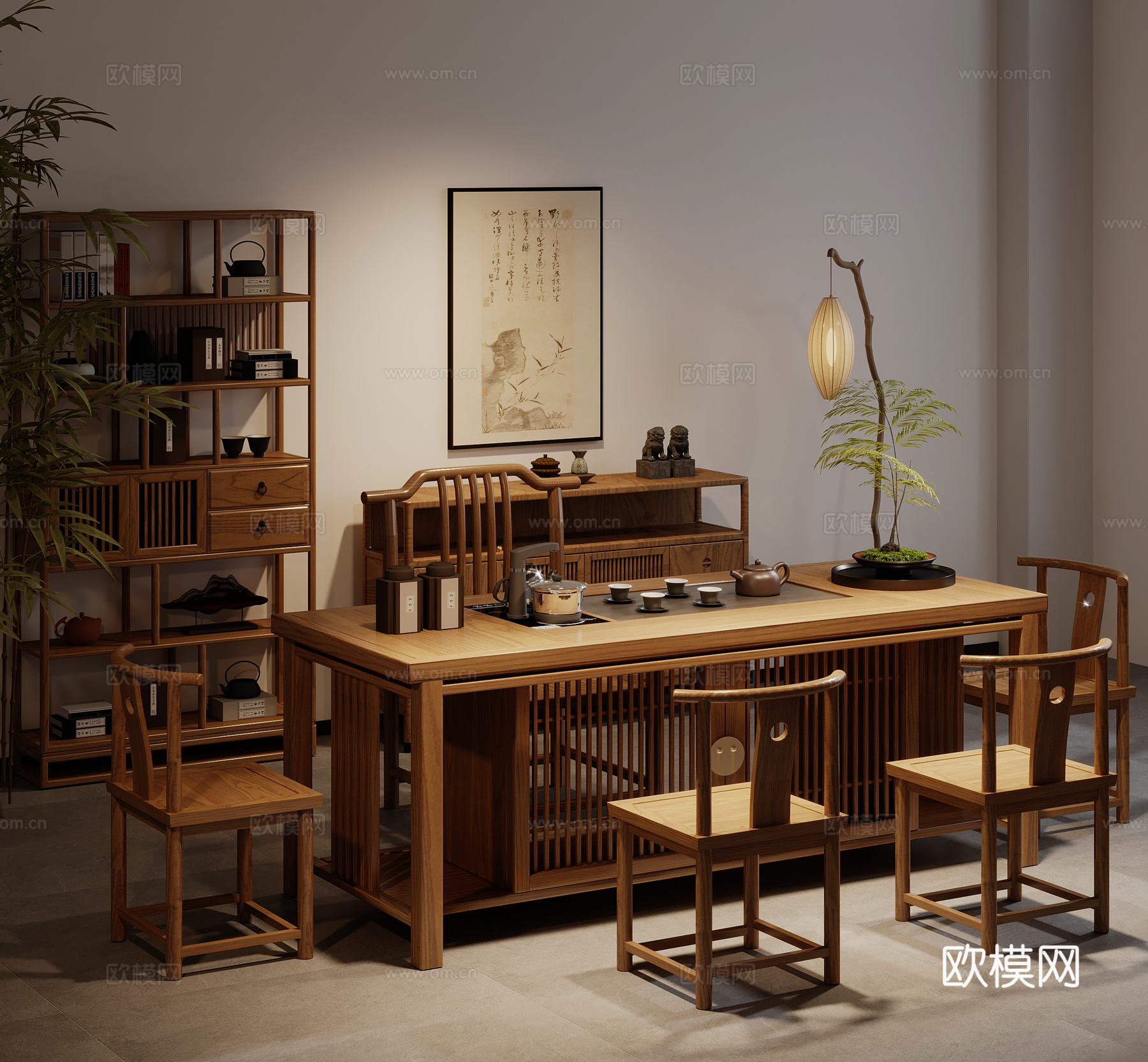 30新中式茶桌椅 博古架 落地灯su模型