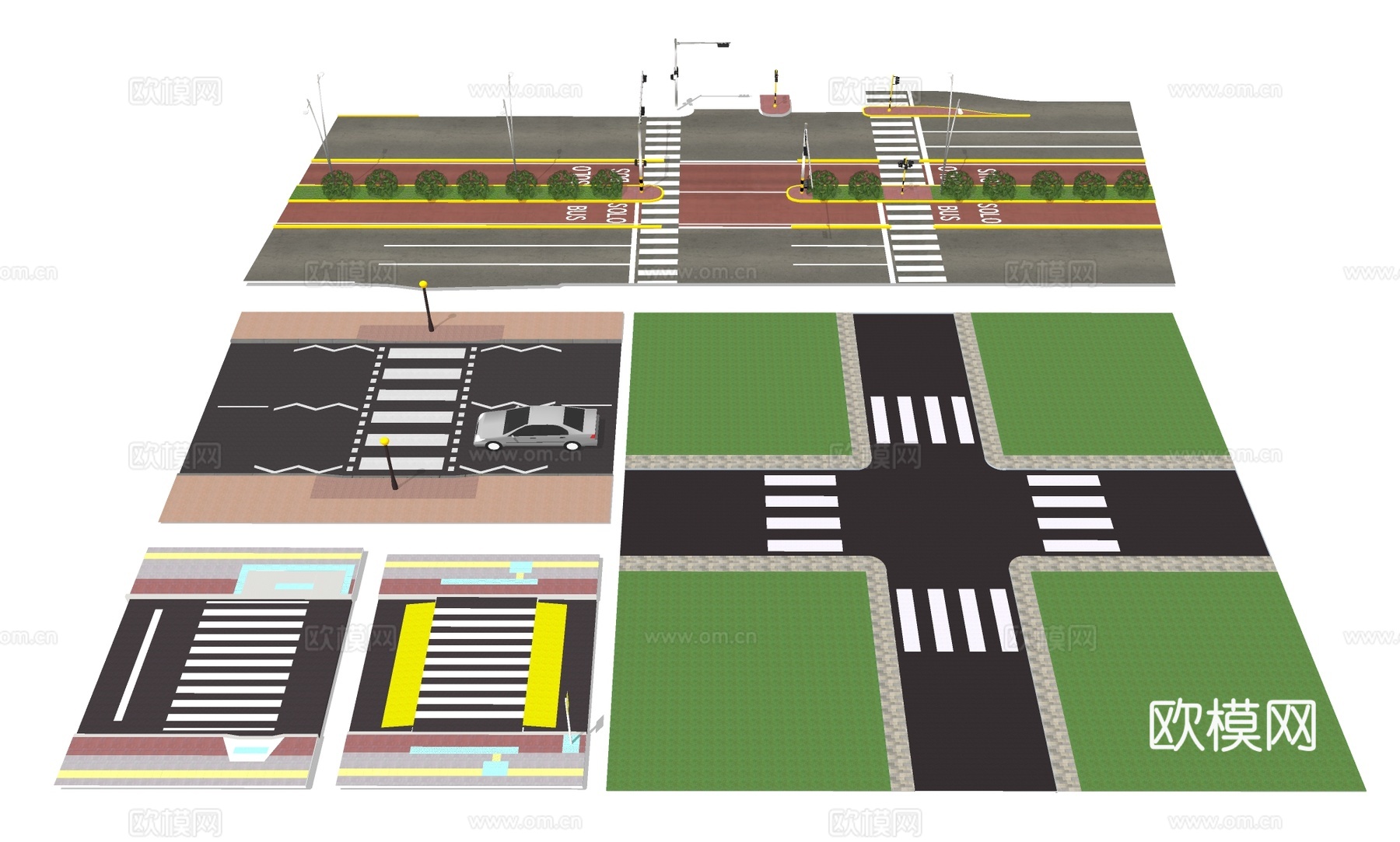 马路人行道 斑马线 城市道路 十字路su模型下载