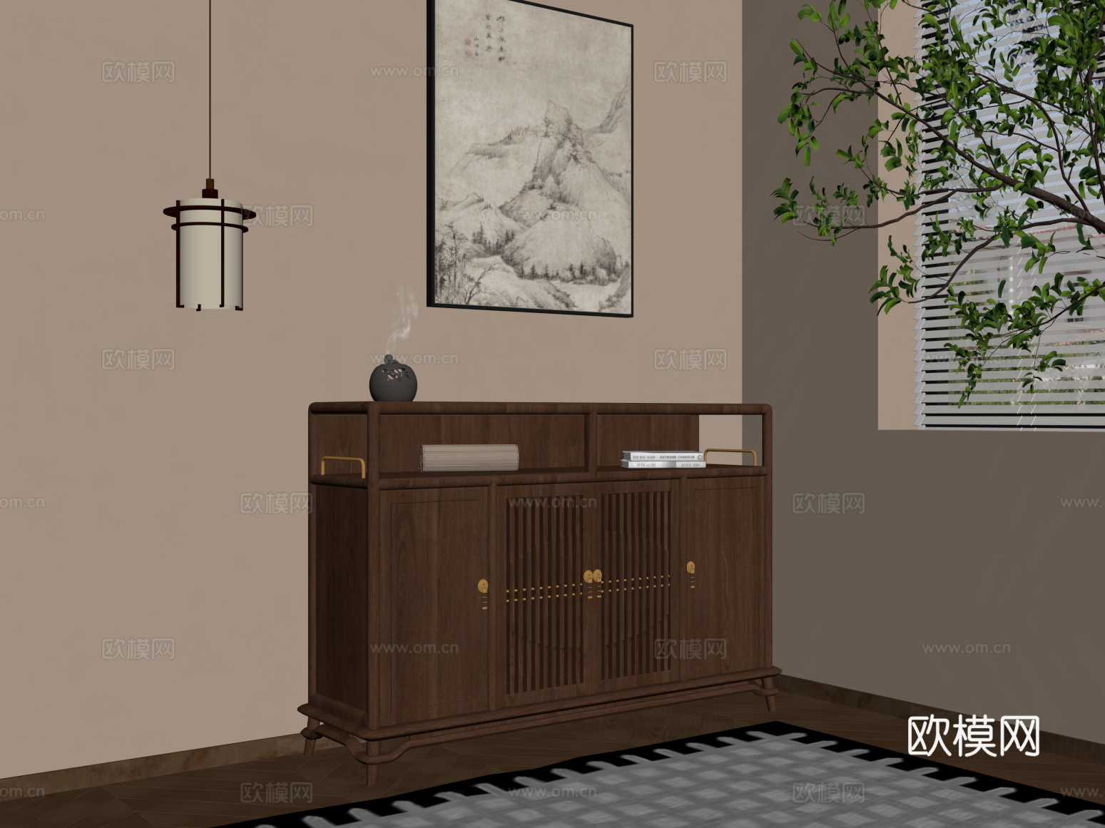 玄关柜 新中式玄关柜 餐边柜 装饰画 吊灯su模型