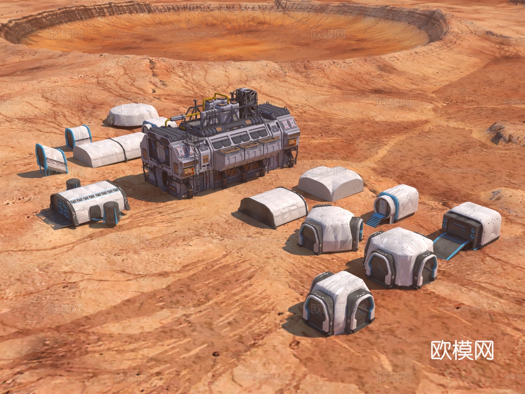 火星基地 科研设施基地 游戏场景火星表面 红色沙漠 岩石红砂岩荒漠su模型下载