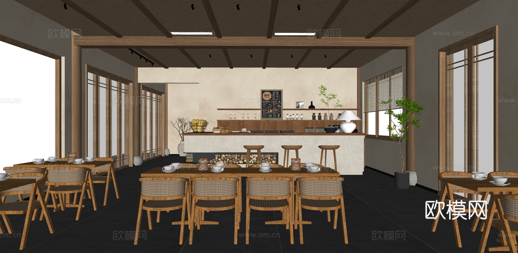 侘寂咖啡店 吧台椅su模型下载