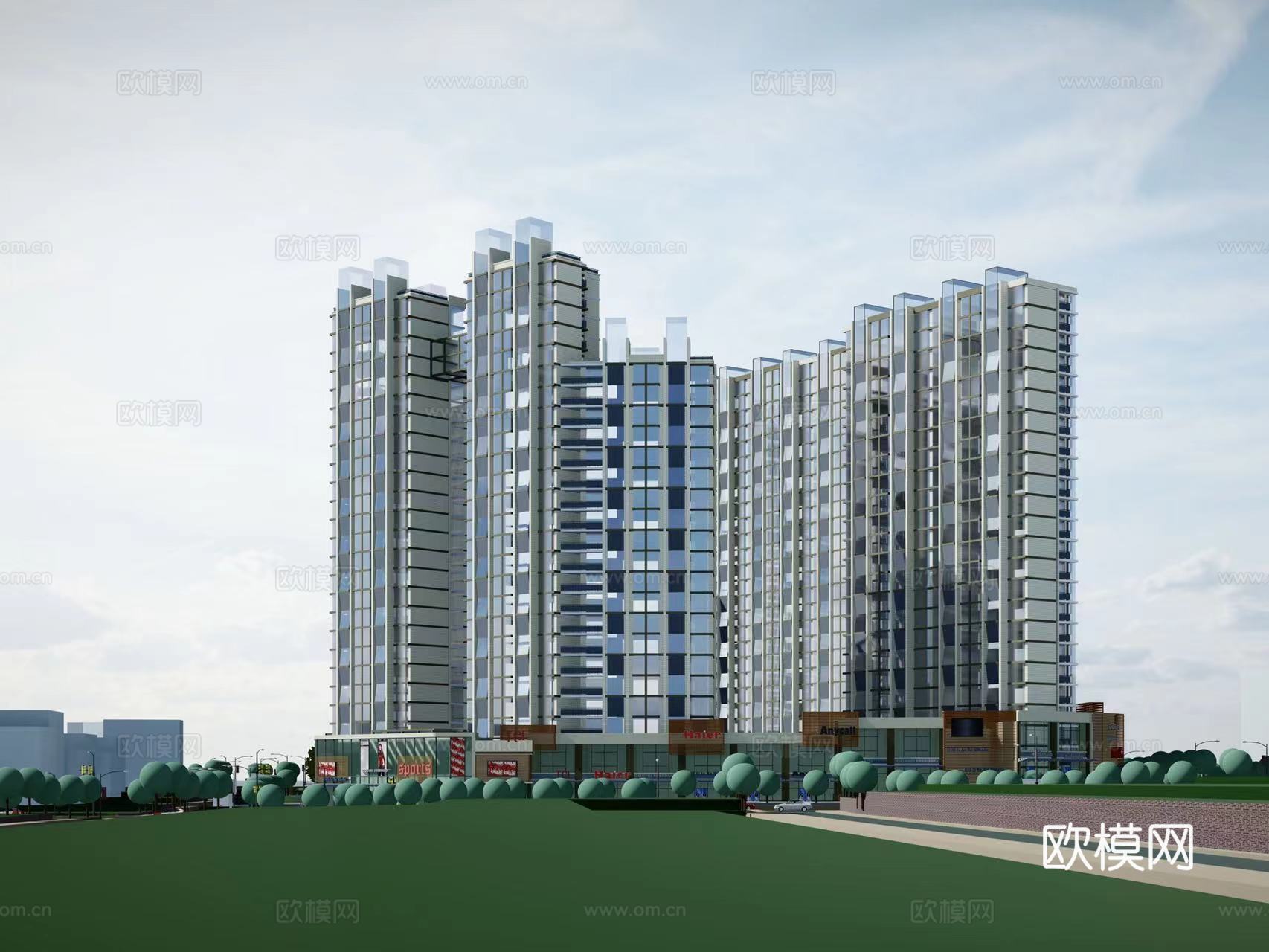 现代住宅楼建筑外观su模型下载