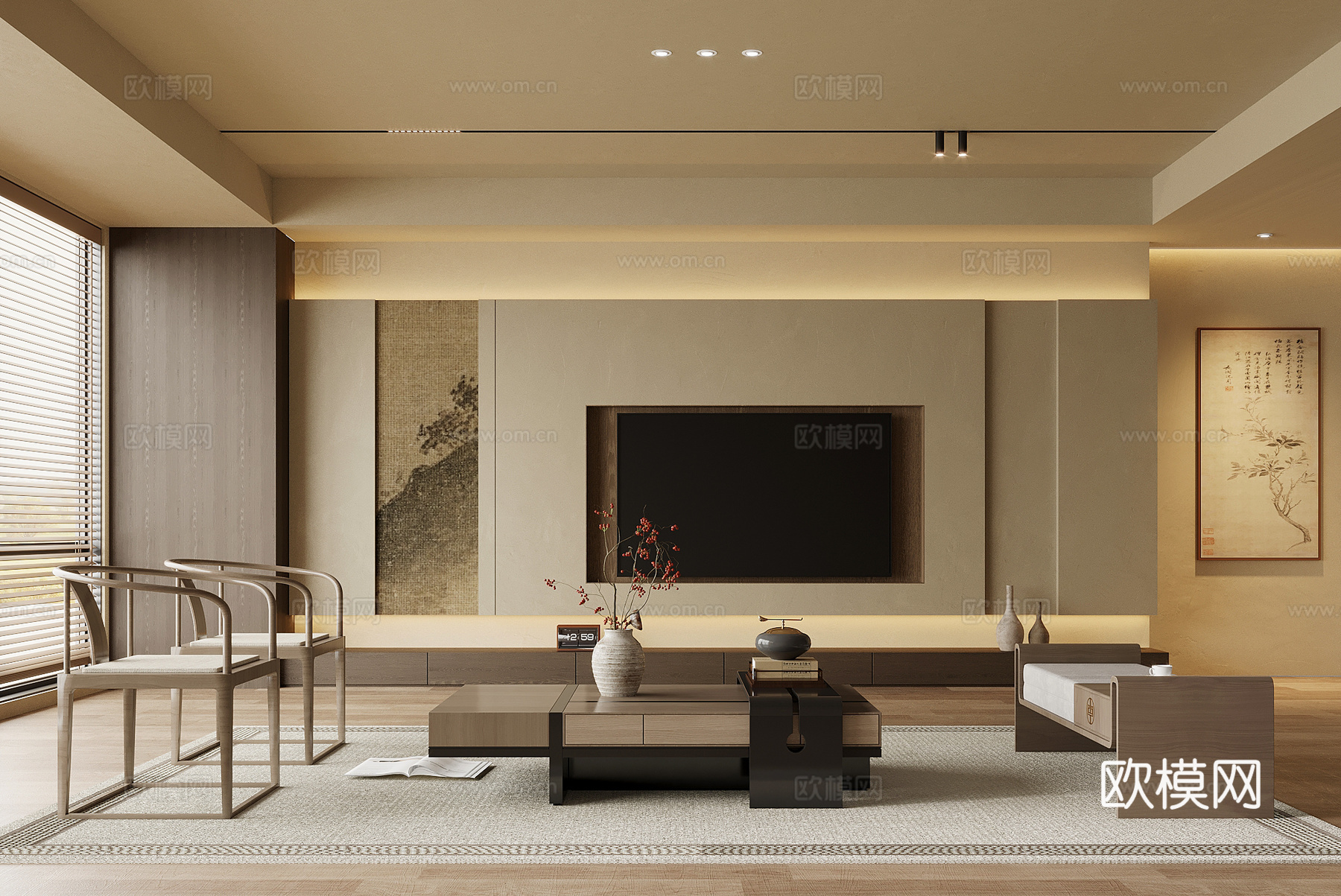 客厅 中古风客厅 电视背景墙 沙发茶几组合su模型