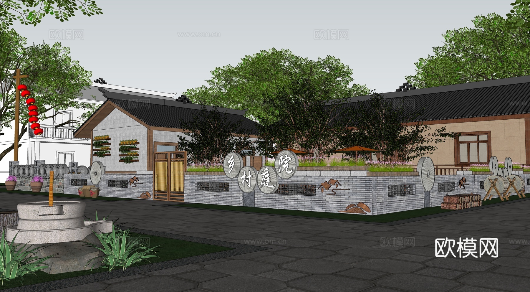 新中式乡村民宿建筑外观su模型下载