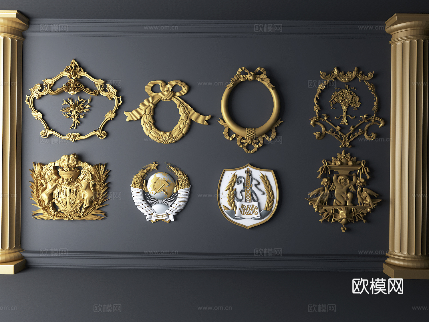 简欧欧式 墙饰 金箔 雕花 构件 花环 组合3d模型