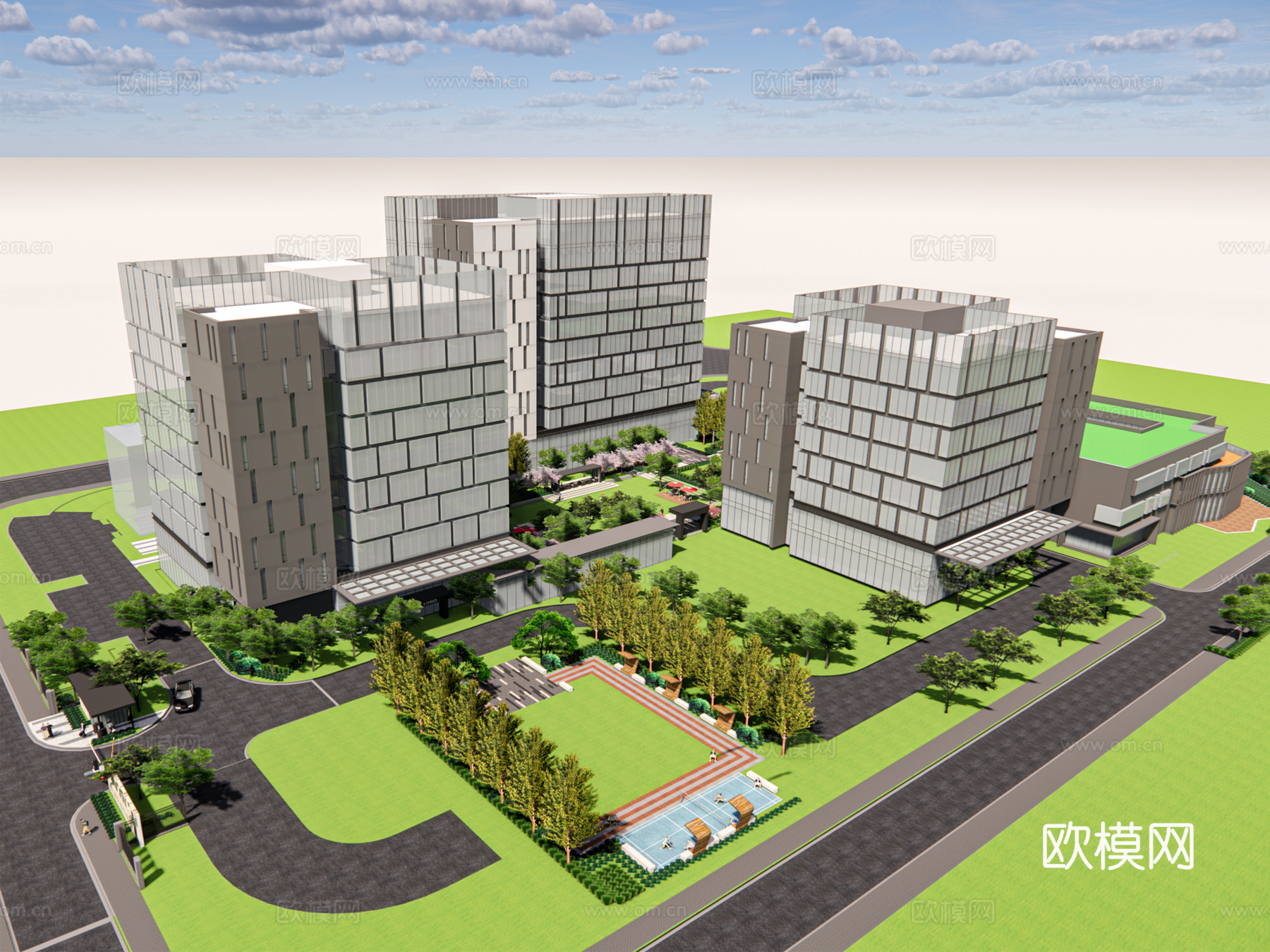 现代工业园区建筑外观su模型下载