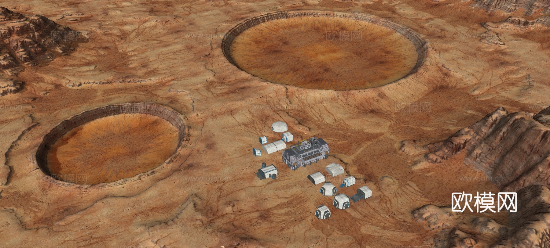 火星基地 科研设施基地 游戏场景火星表面 红色沙漠 岩石红砂岩荒漠su模型下载