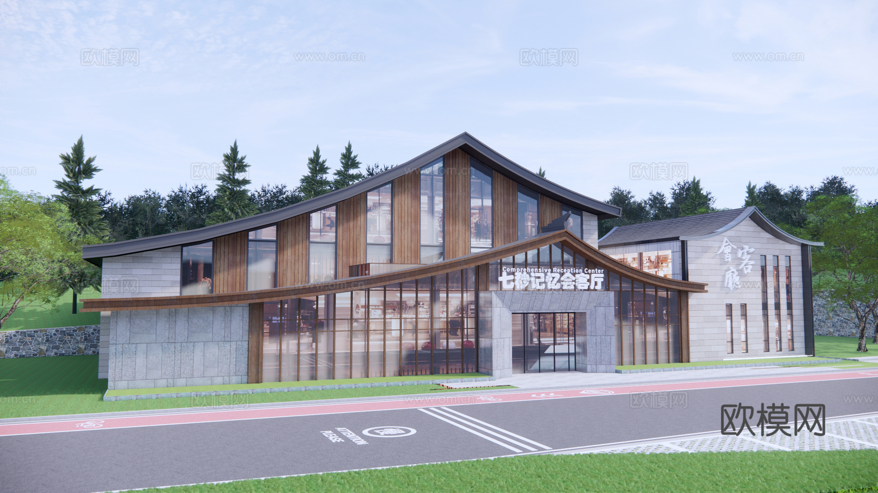 新中式游客中心建筑外观su模型下载