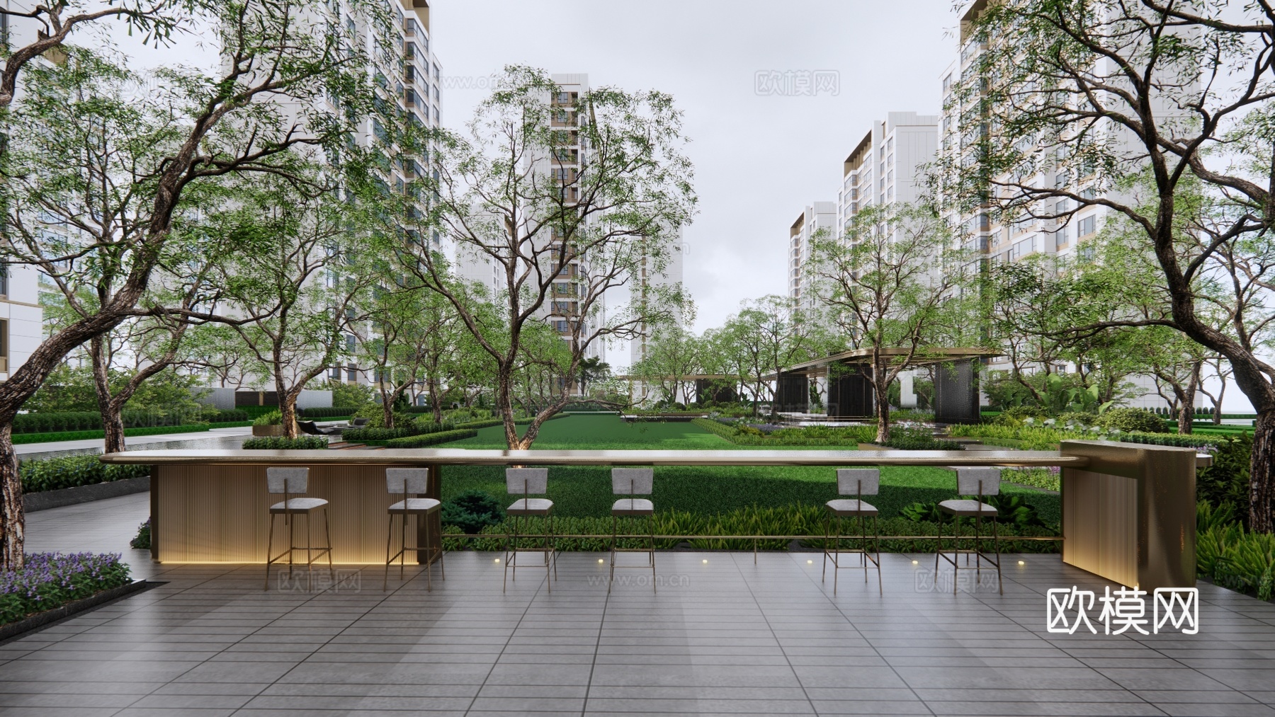 住宅小区大草坪su模型下载