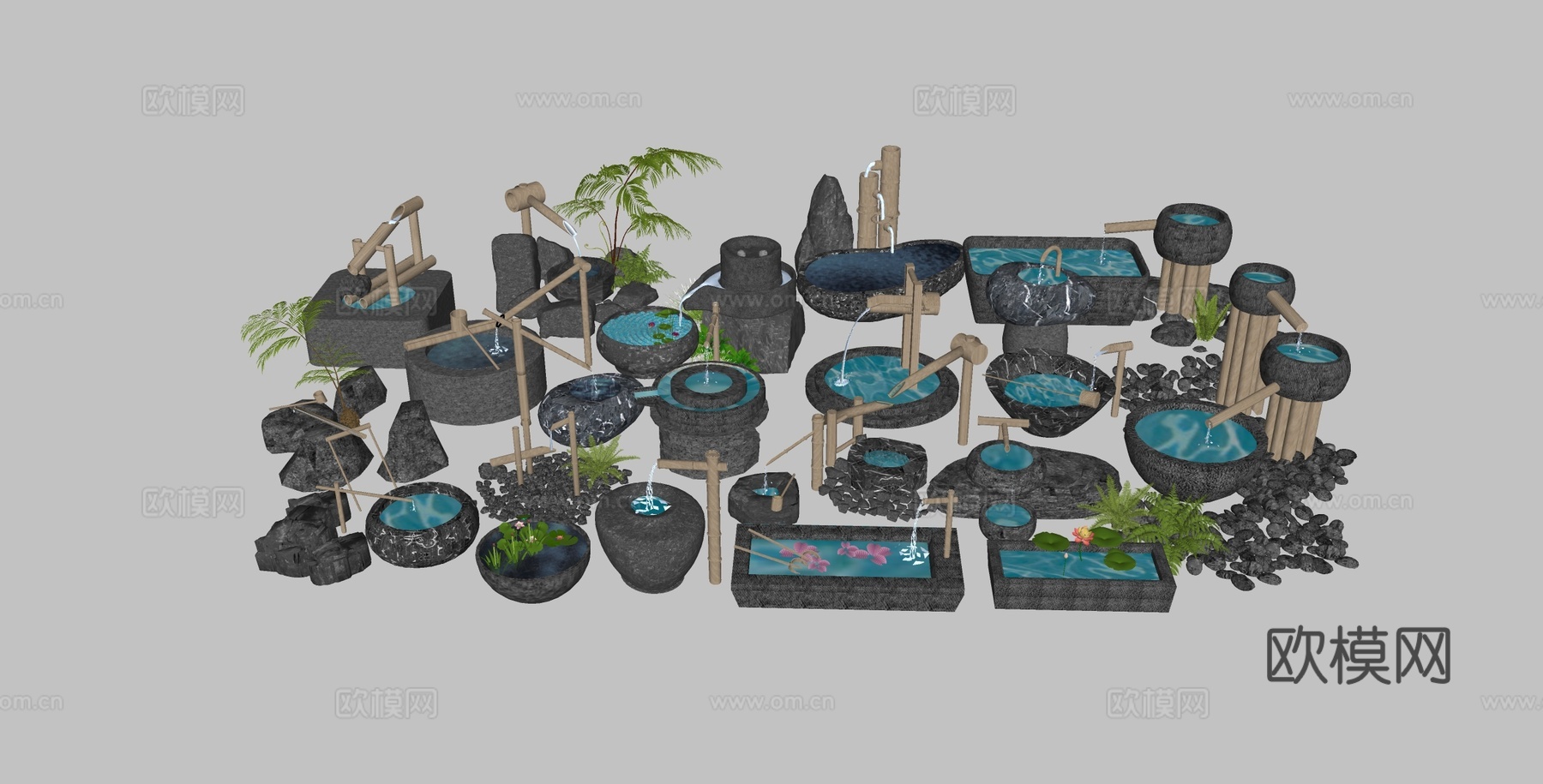 新中式 景观小品 磨盘 石槽 水缸su模型