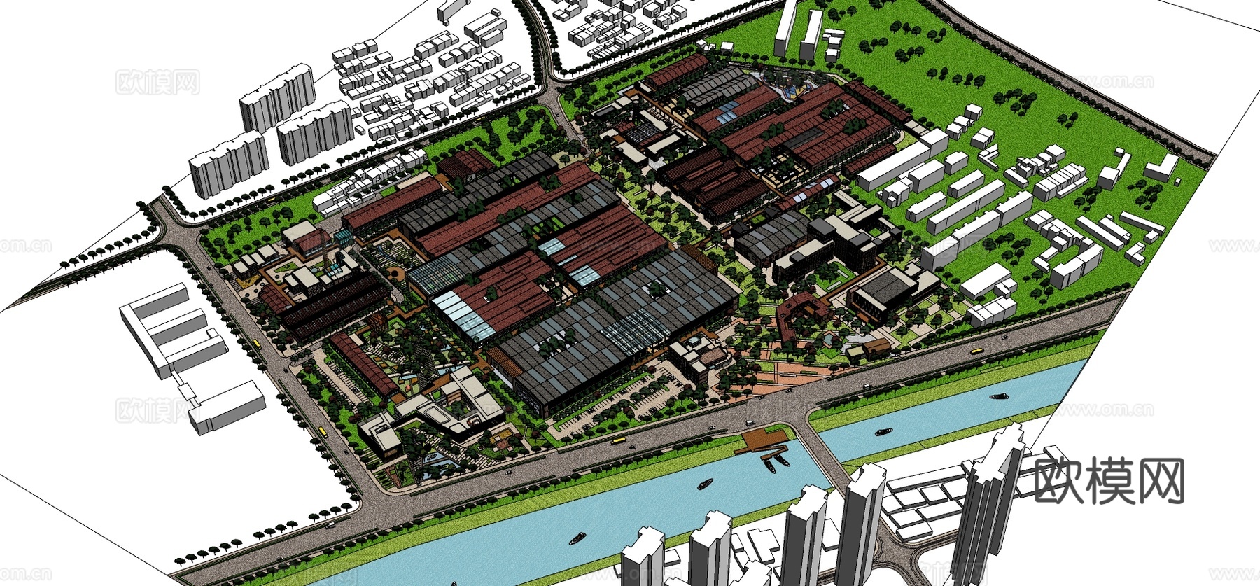 现代工业园区建筑外观su模型下载