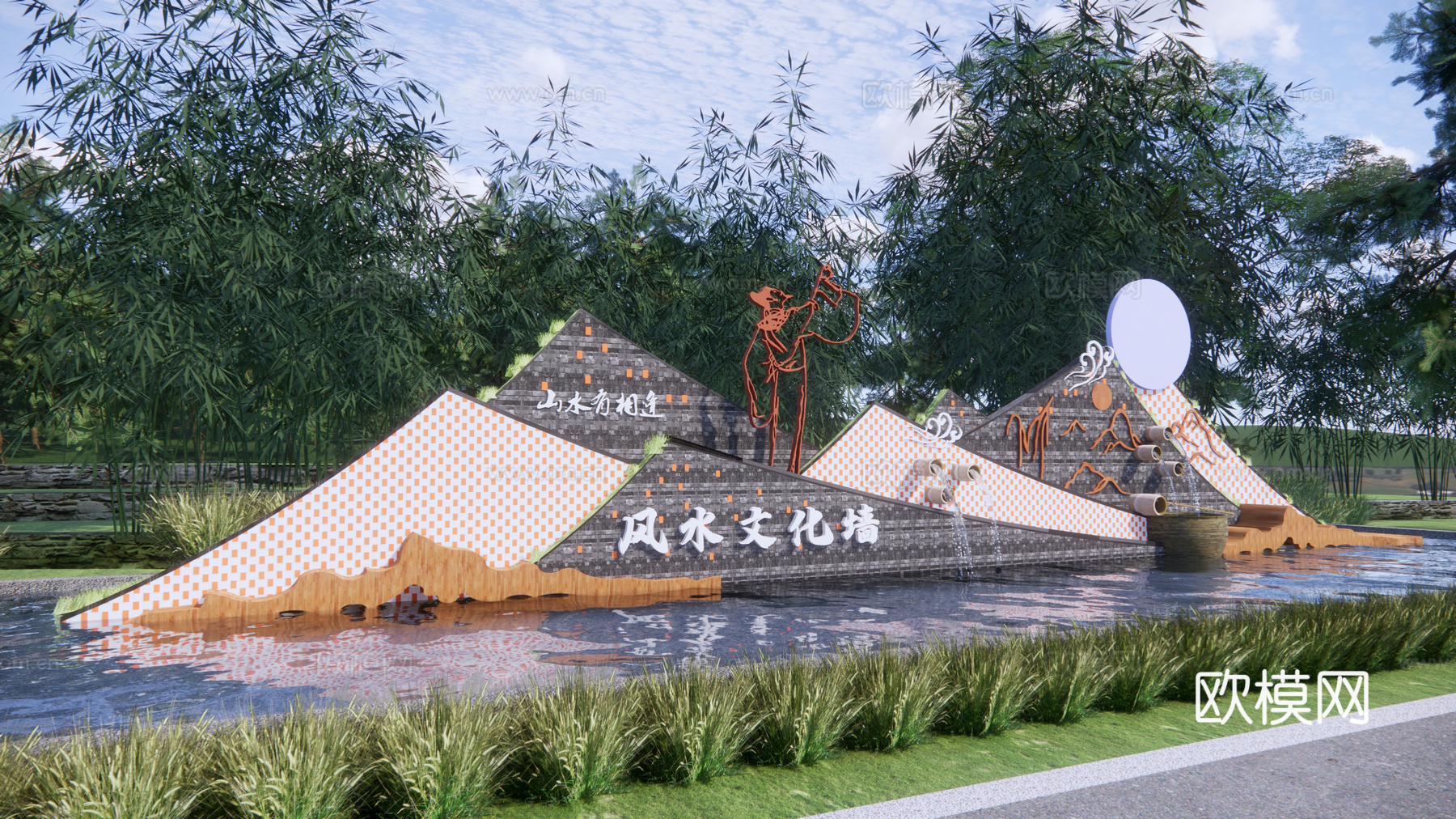 新中式乡村文化景墙园艺小品su模型下载