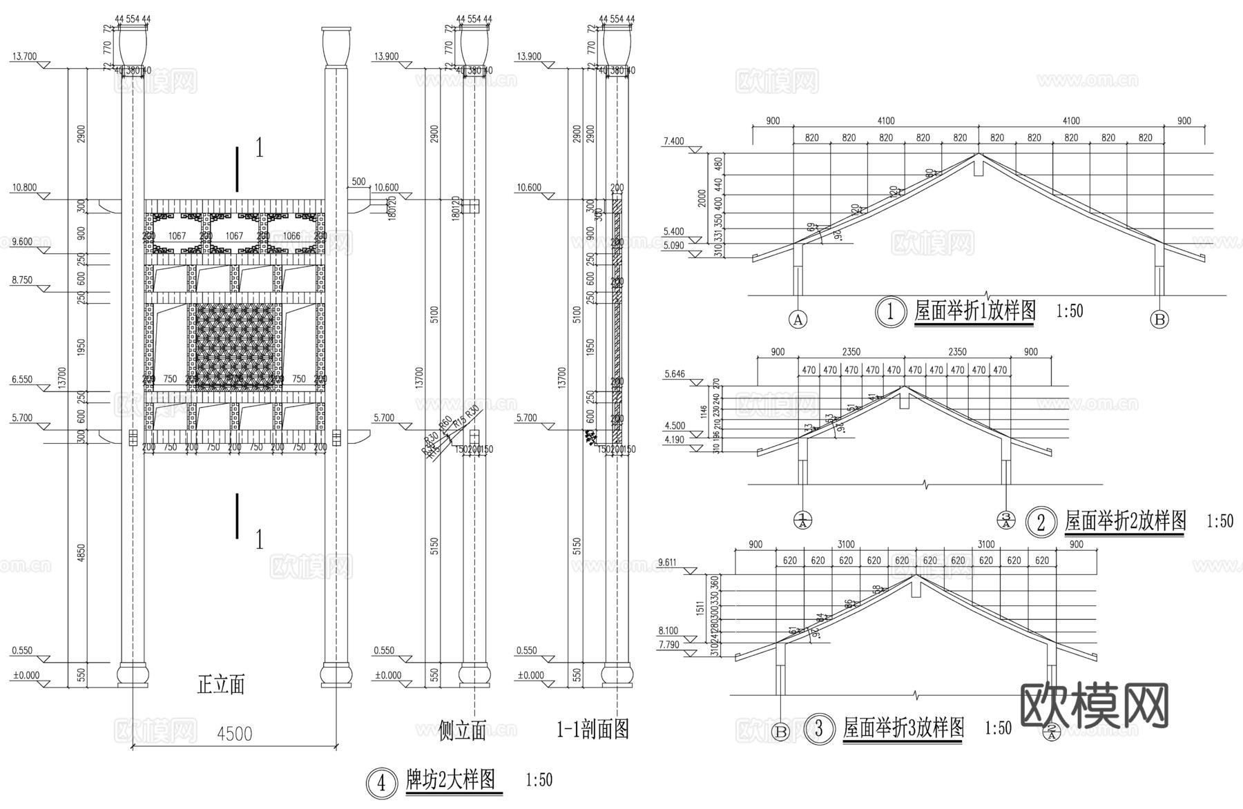 仿古建筑-牌坊cad施工图