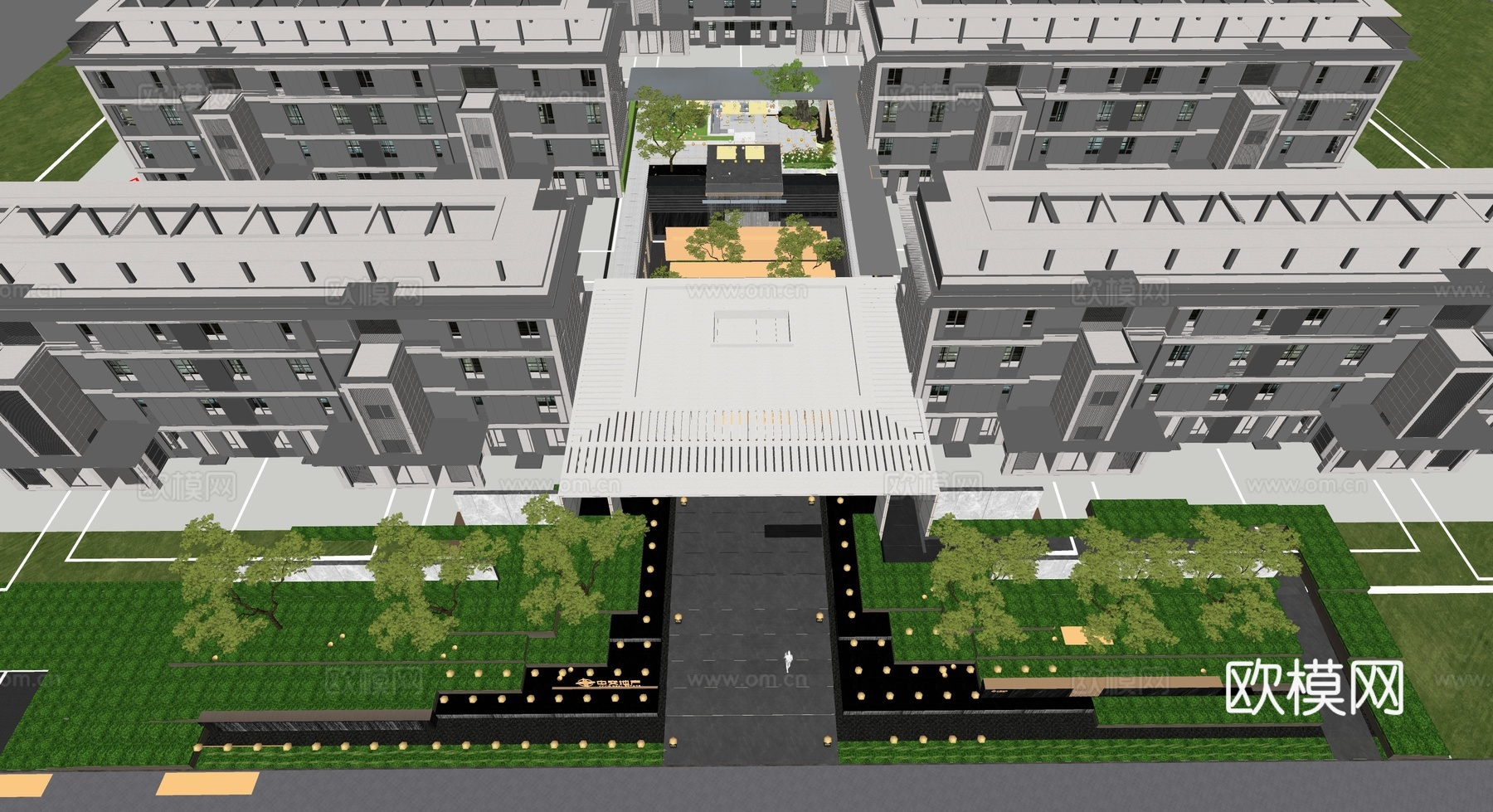 现代景观小区 现代大门 特色廊架 院落景观su模型下载