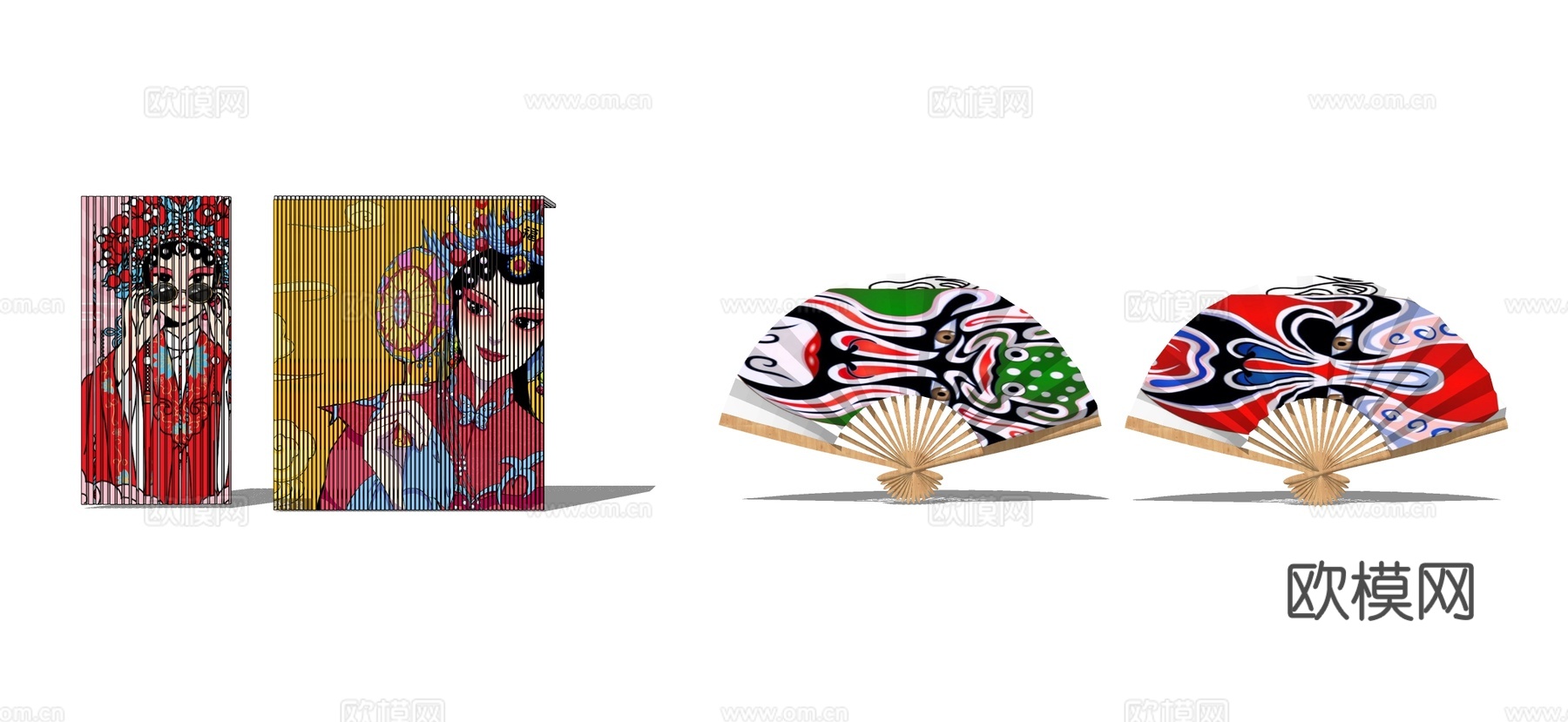 新中式京剧戏曲雕塑小品 扇子 格栅画su模型下载