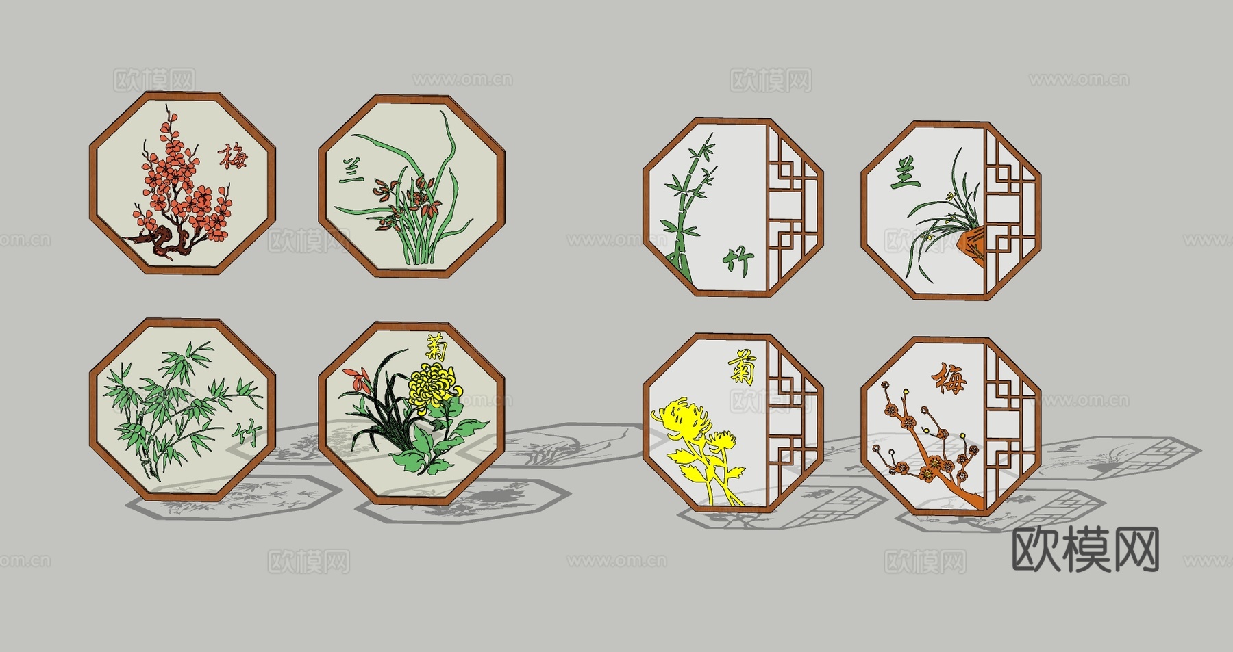 中式民俗文化挂画 四君子梅兰竹菊画 书画窗框剪影 壁画挂件su模型下载