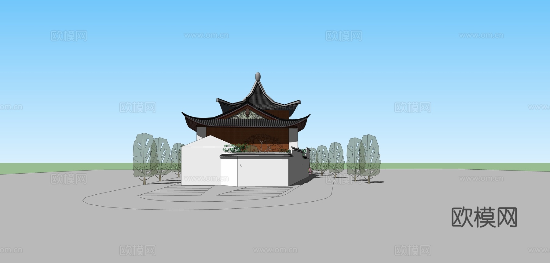 新中式游客中心建筑外观su模型下载