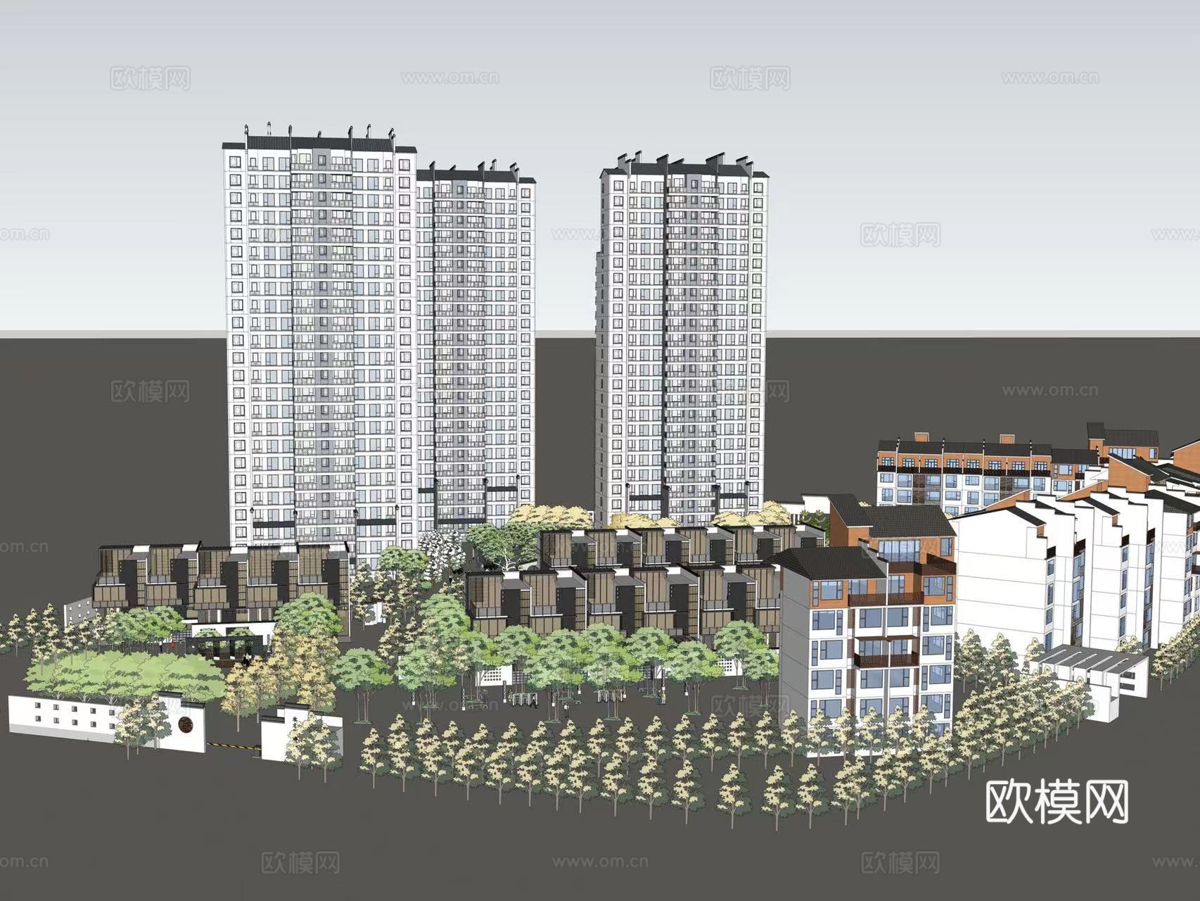 现代住宅小区建筑外观su模型下载