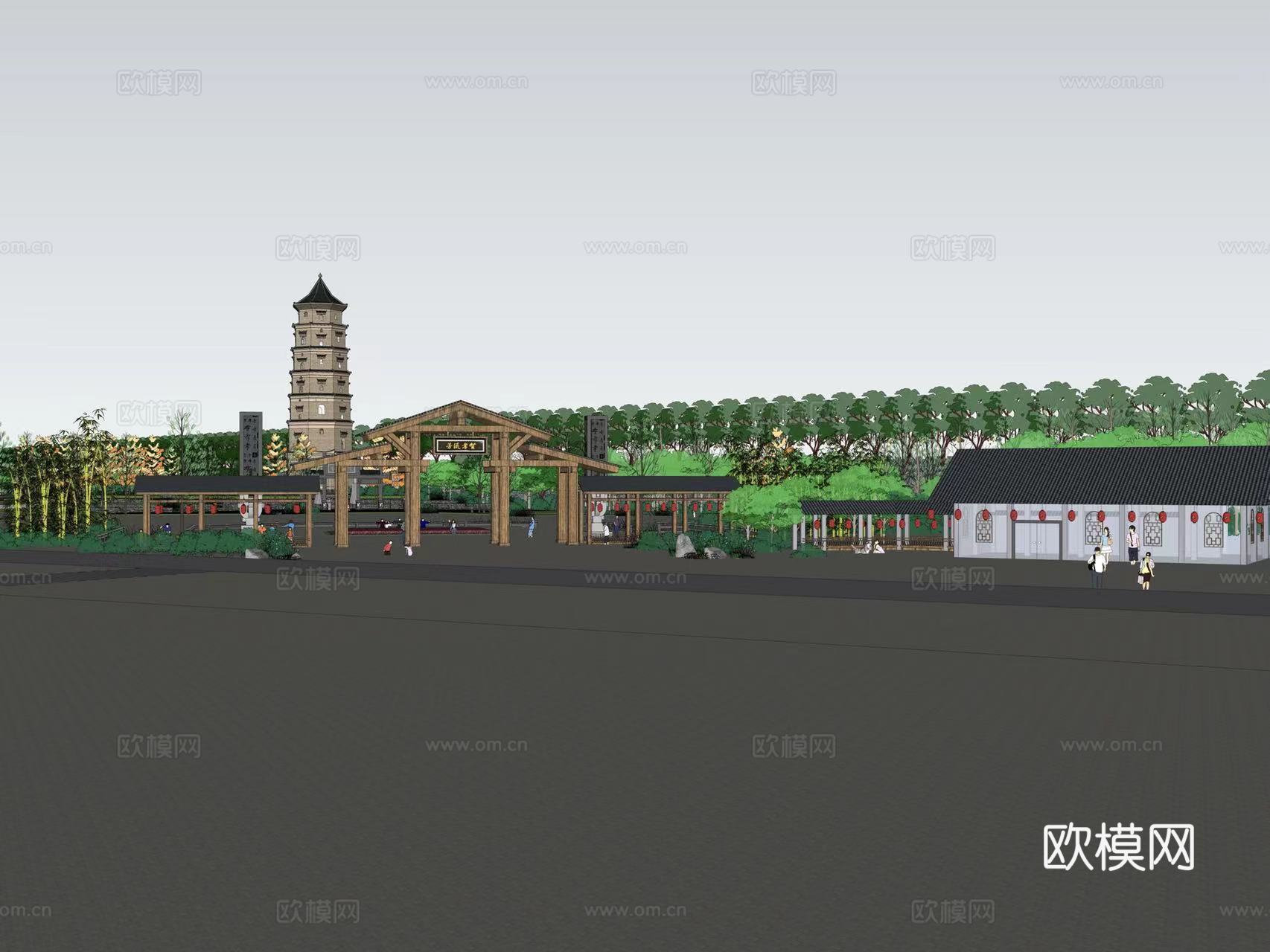 现代公园广场su模型下载