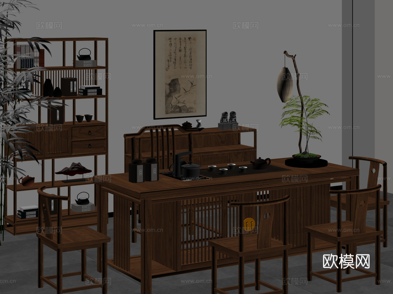 30新中式茶桌椅 博古架 落地灯su模型