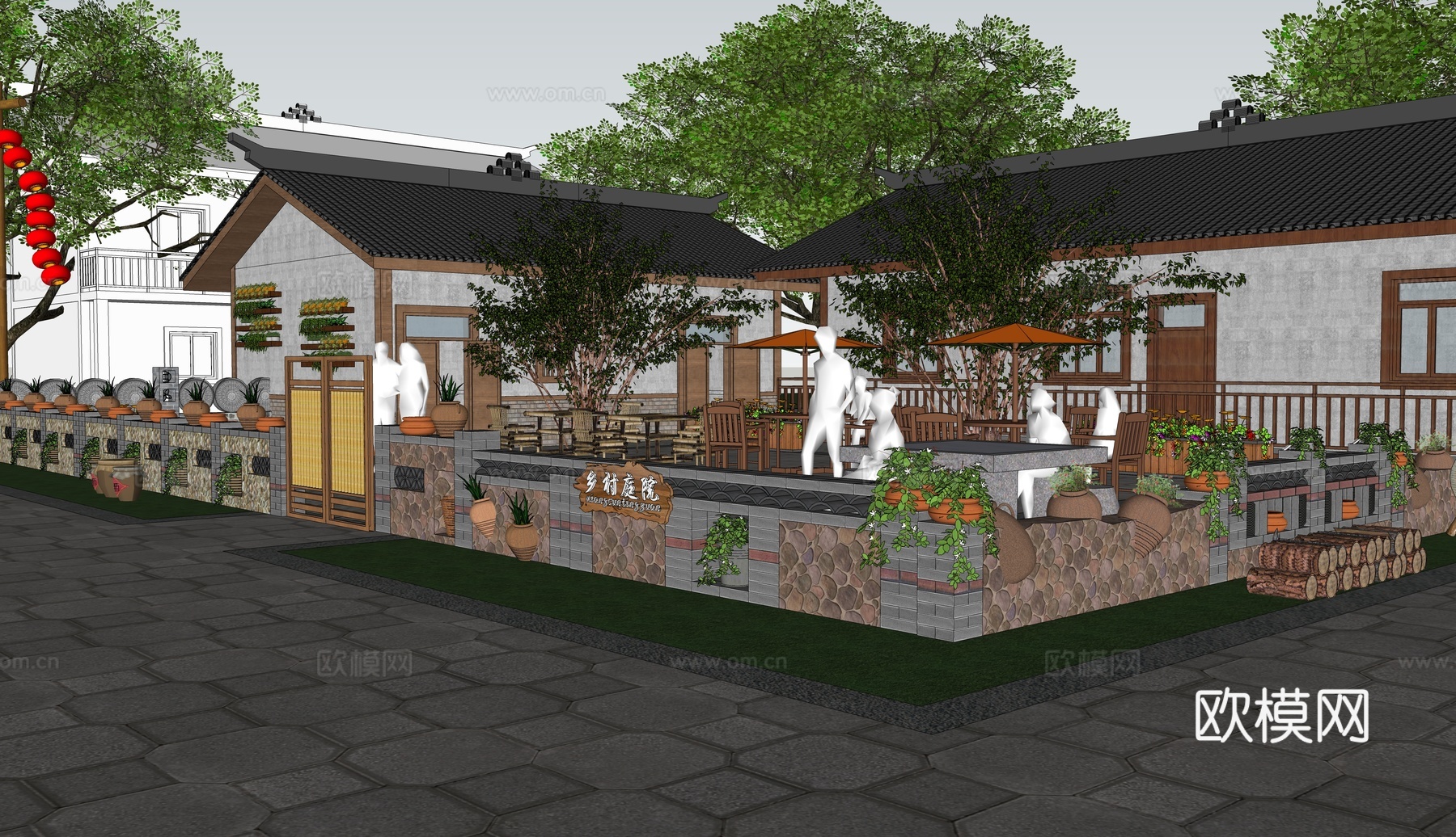 新中式乡村民宿建筑外观su模型下载