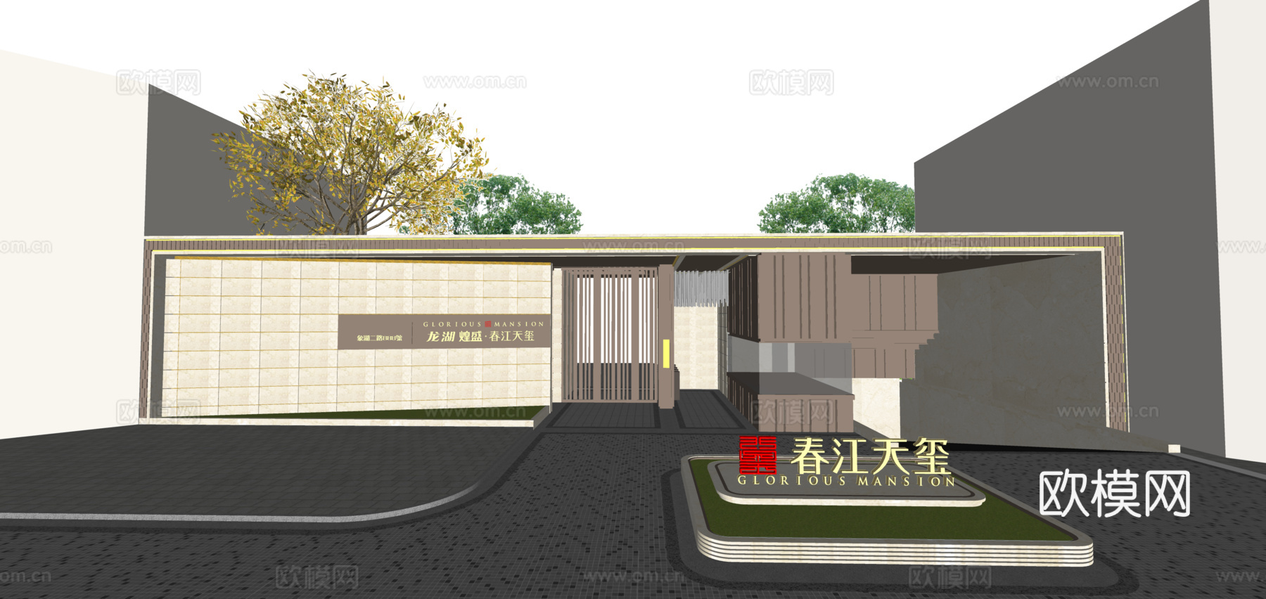 新中式住宅小区入口大门su模型下载