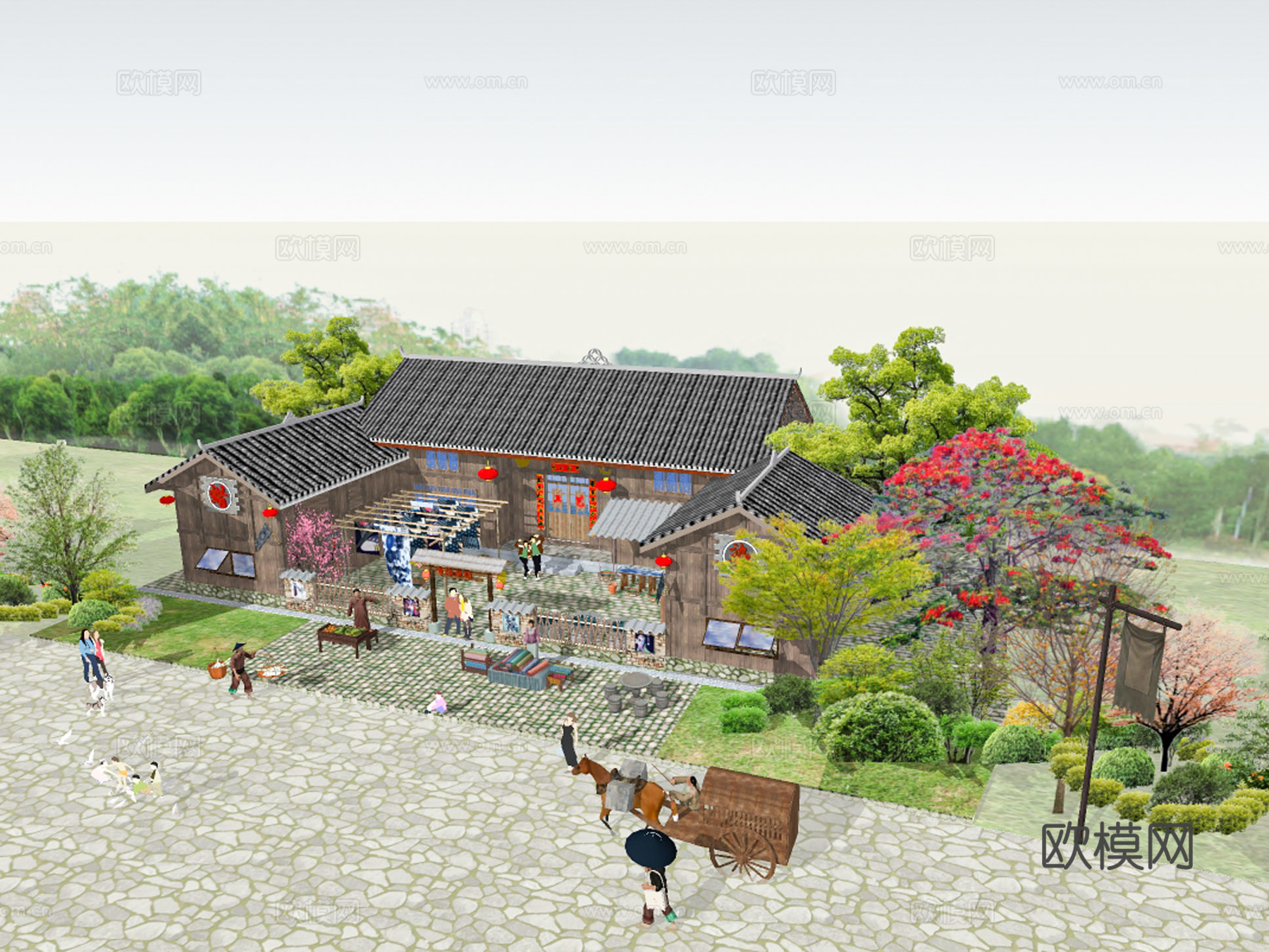 新中式乡村民居民宿建筑外观su模型下载